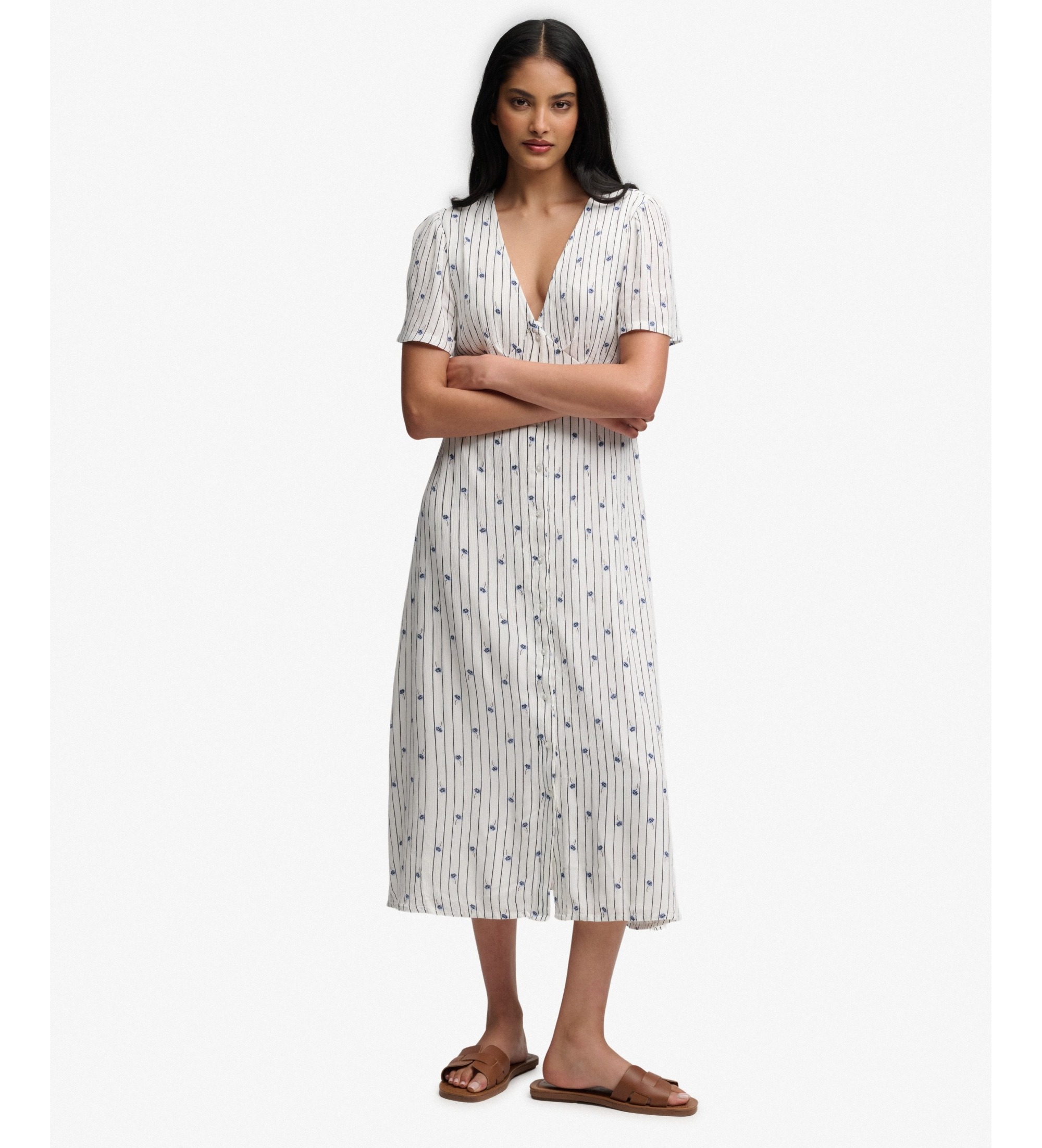 Superdry für Damen. W8012077A Beigefarbenes Midi-Teekleid mit Print (M), Lässig, Viskose, Kurzarm