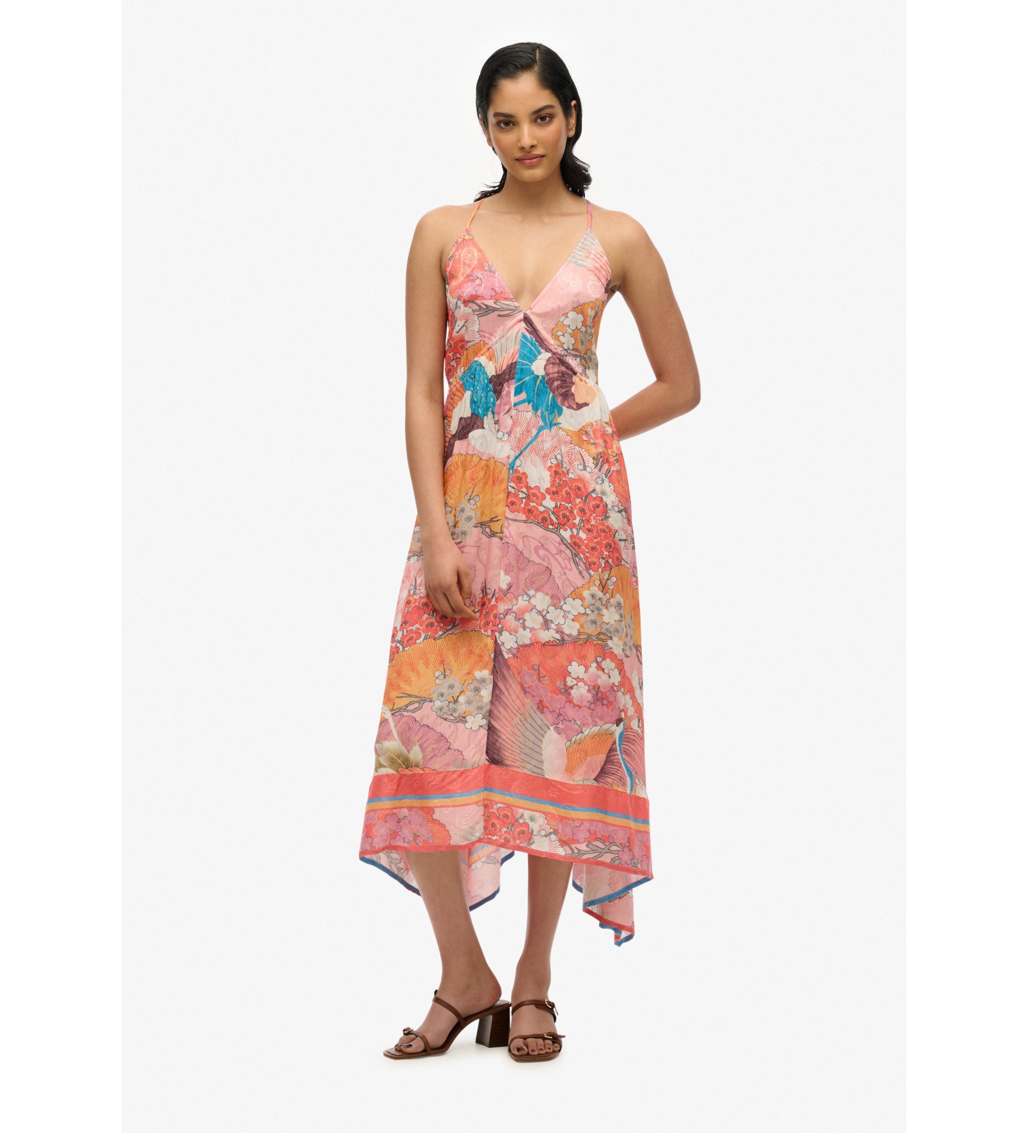 Superdry für Damen. W8011888A Jack mehrfarbig bedrucktes Kleid (L), Lässig, Viskose, Ärmellos / Hosenträger