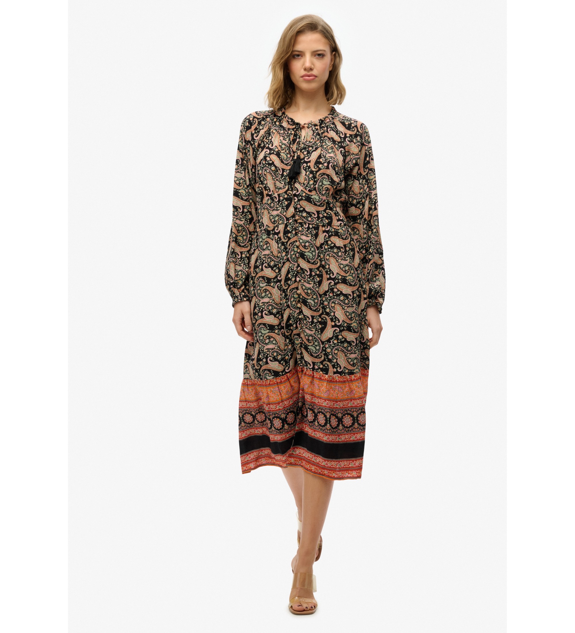 Superdry für Damen. W8011887A Schwarzes bedrucktes Midikleid (S), Lässig, Langarm, Bio-Baumwolle, Nachhaltig