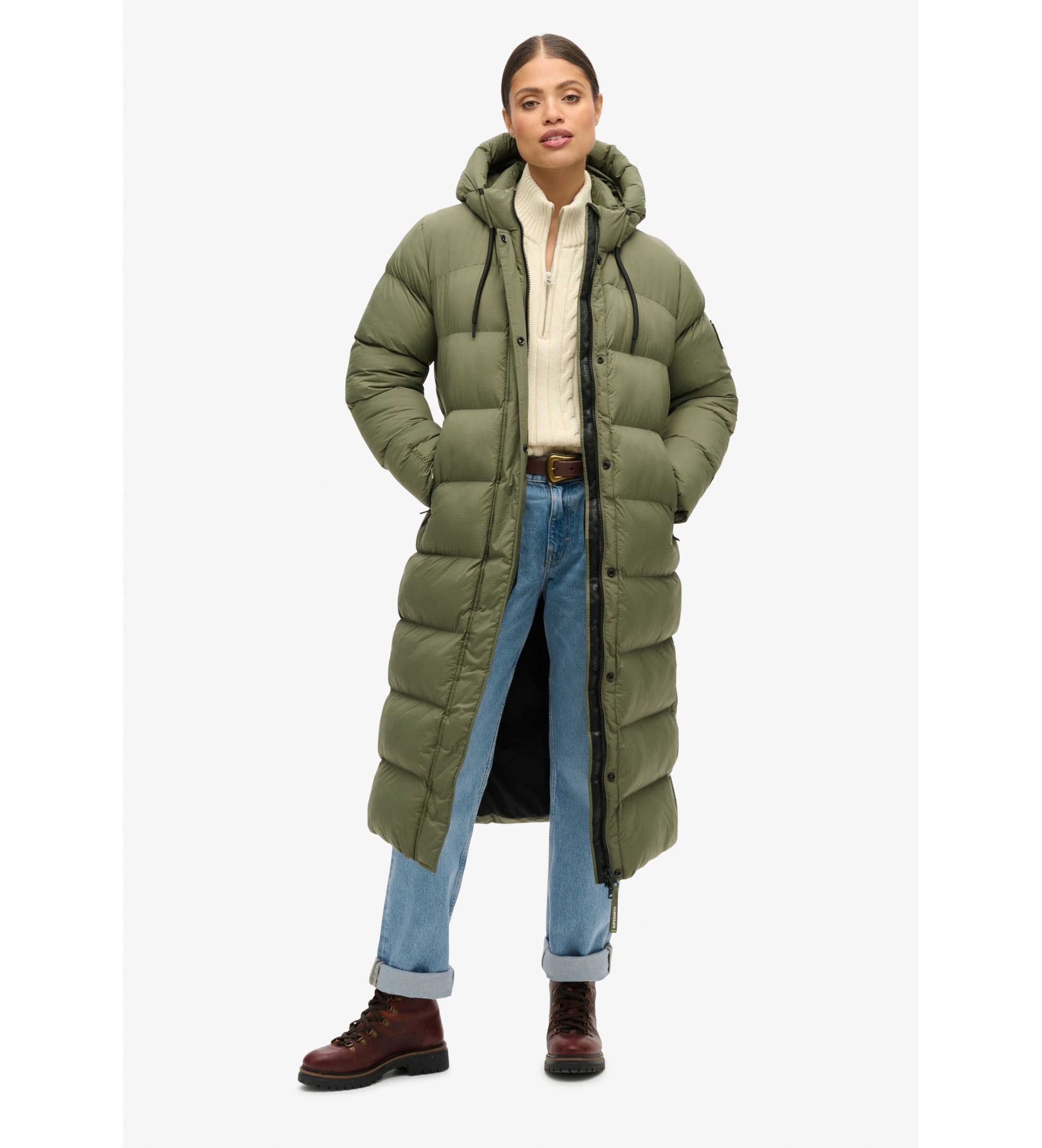 Superdry für Damen. W5011735A Lange wattierte Jacke Ripstop grün (M), Lässig, Recyceltes Polyester, Nachhaltig