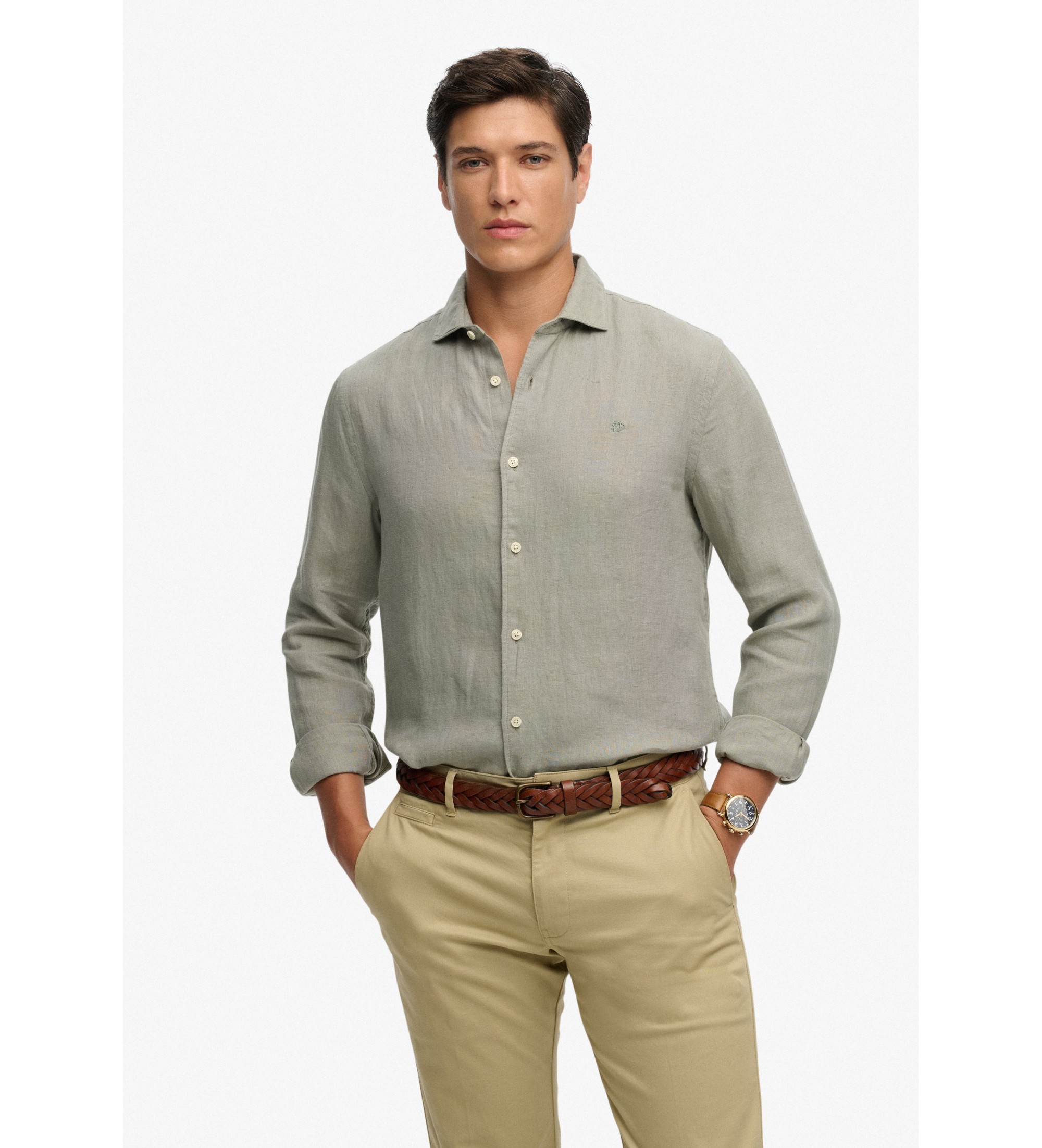 Superdry für Herren. M4011103A Riviera Leinenhemd grün (M), Lässig, Klassisch, Langarm