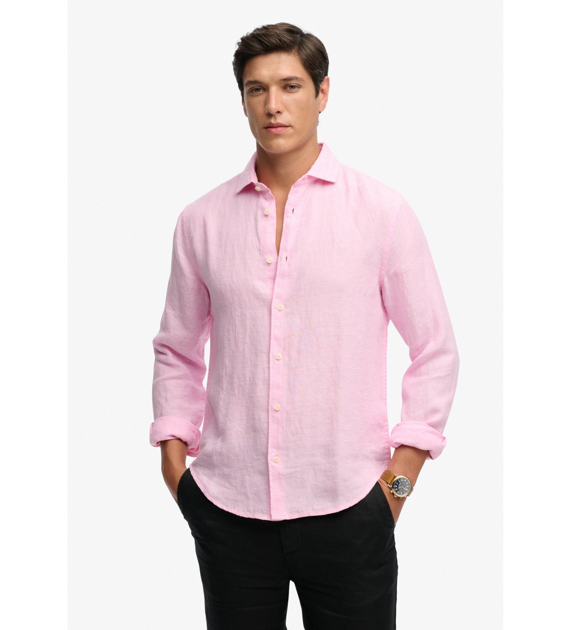 Superdry für Herren. M4011103A Riviera Leinenhemd rosa (XL), Lässig, Klassisch, Langarm