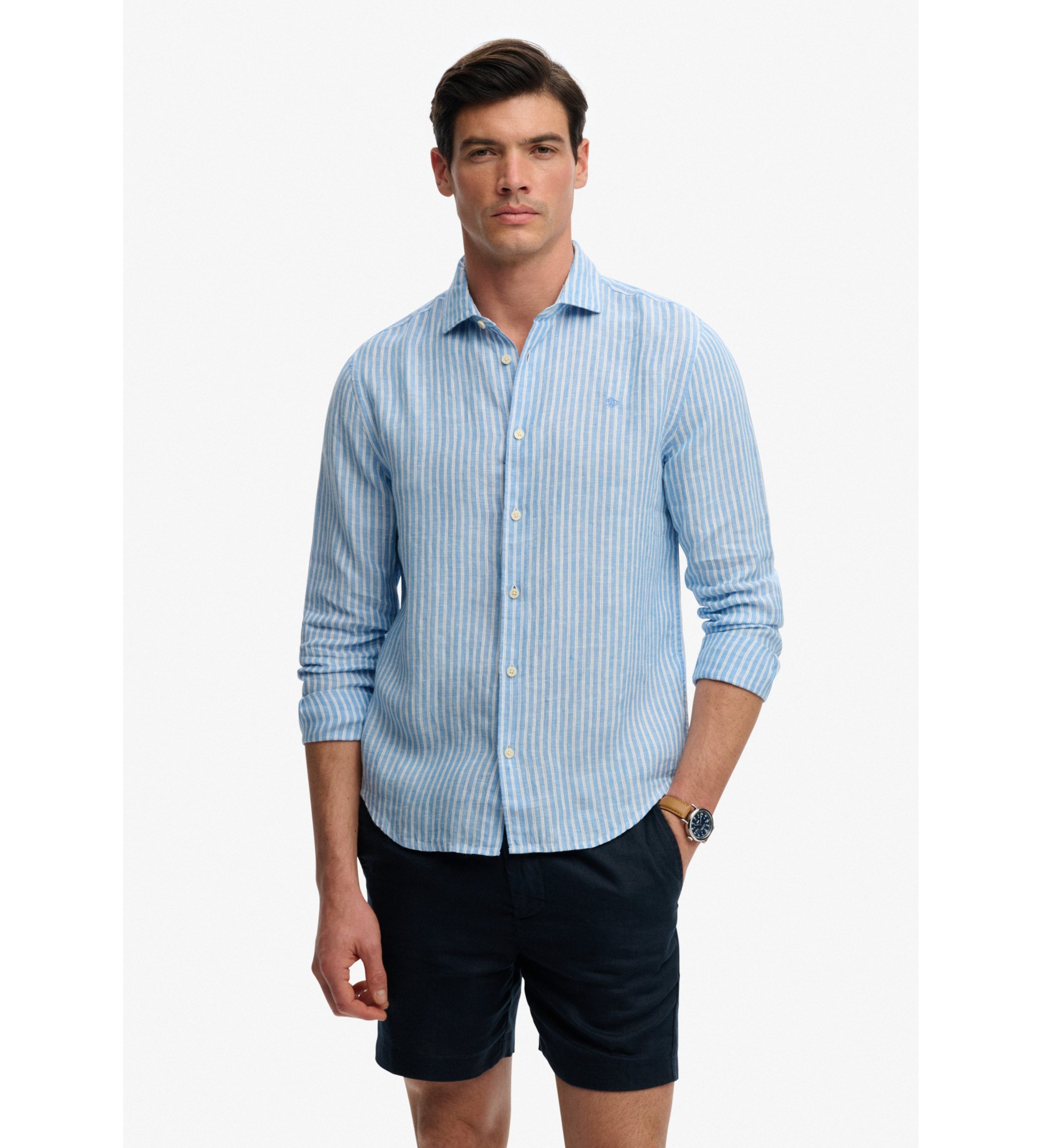 Superdry für Herren. M4011103A Riviera Leinenhemd blau (S), Lässig, Langarm