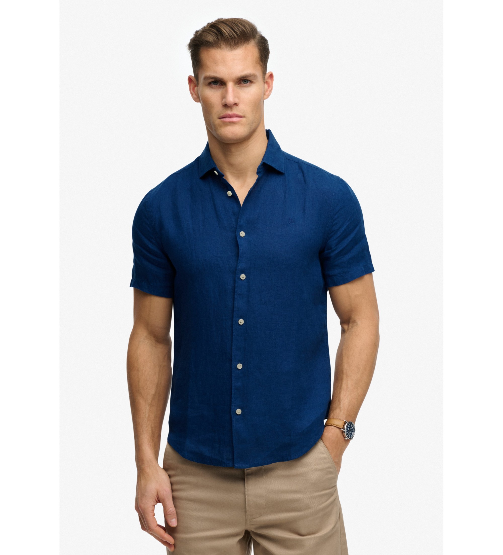 Superdry für Herren. M4011104A Marineblaues Riviera-Hemd (L), Lässig, Leinen, Kurzarm
