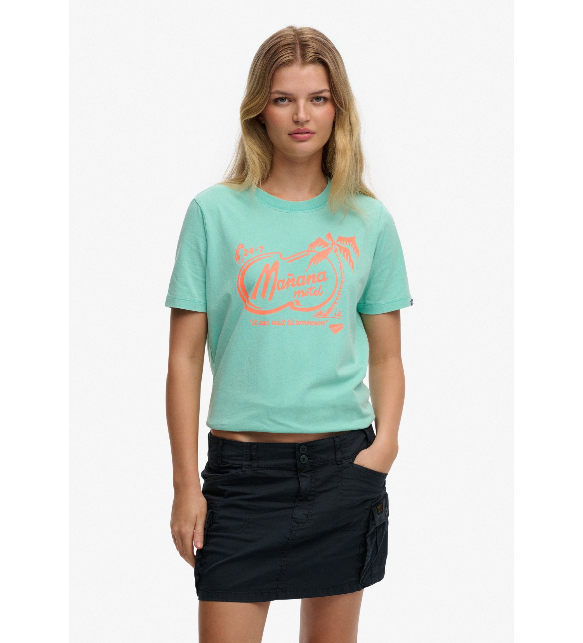 Superdry für Damen. W1011746A Roadside Trade Entspanntes T-shirt türkis (XS), Lässig, Baumwolle, Kurzarm