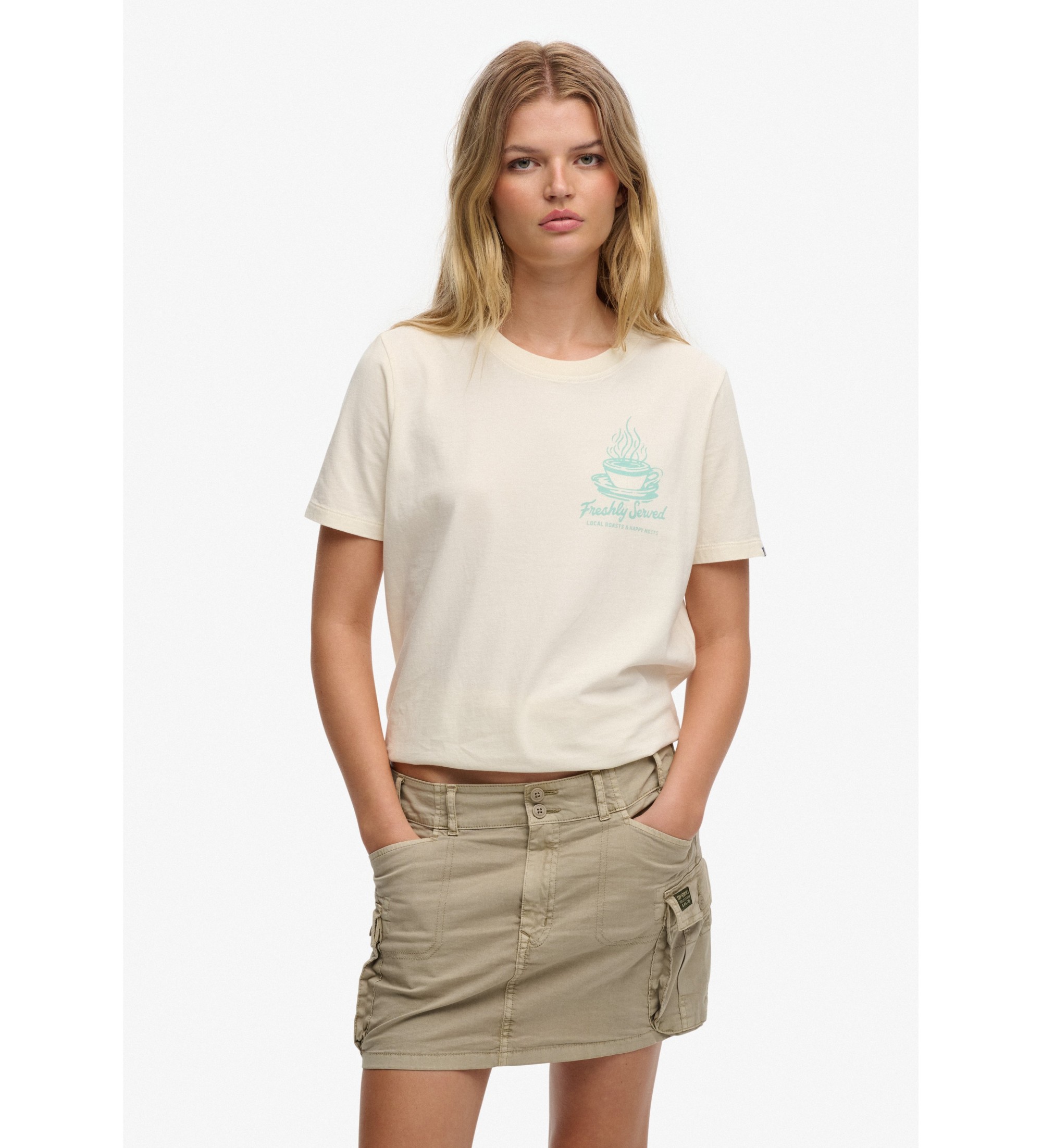 Superdry für Damen. W1011746A Roadside Trade Entspanntes T-Shirt off-white (XS), Weiß, Lässig, Baumwolle, Kurzarm