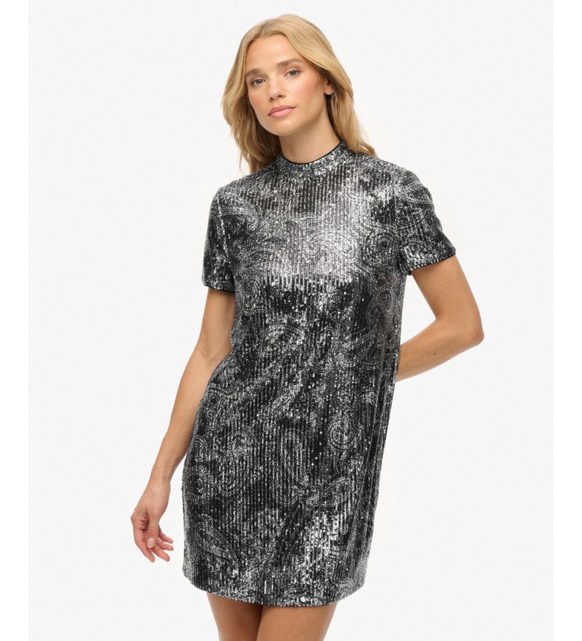 Superdry für Damen. W8012021A Silbernes Paillettenkleid (M), Party, Polyester, Kurzarm