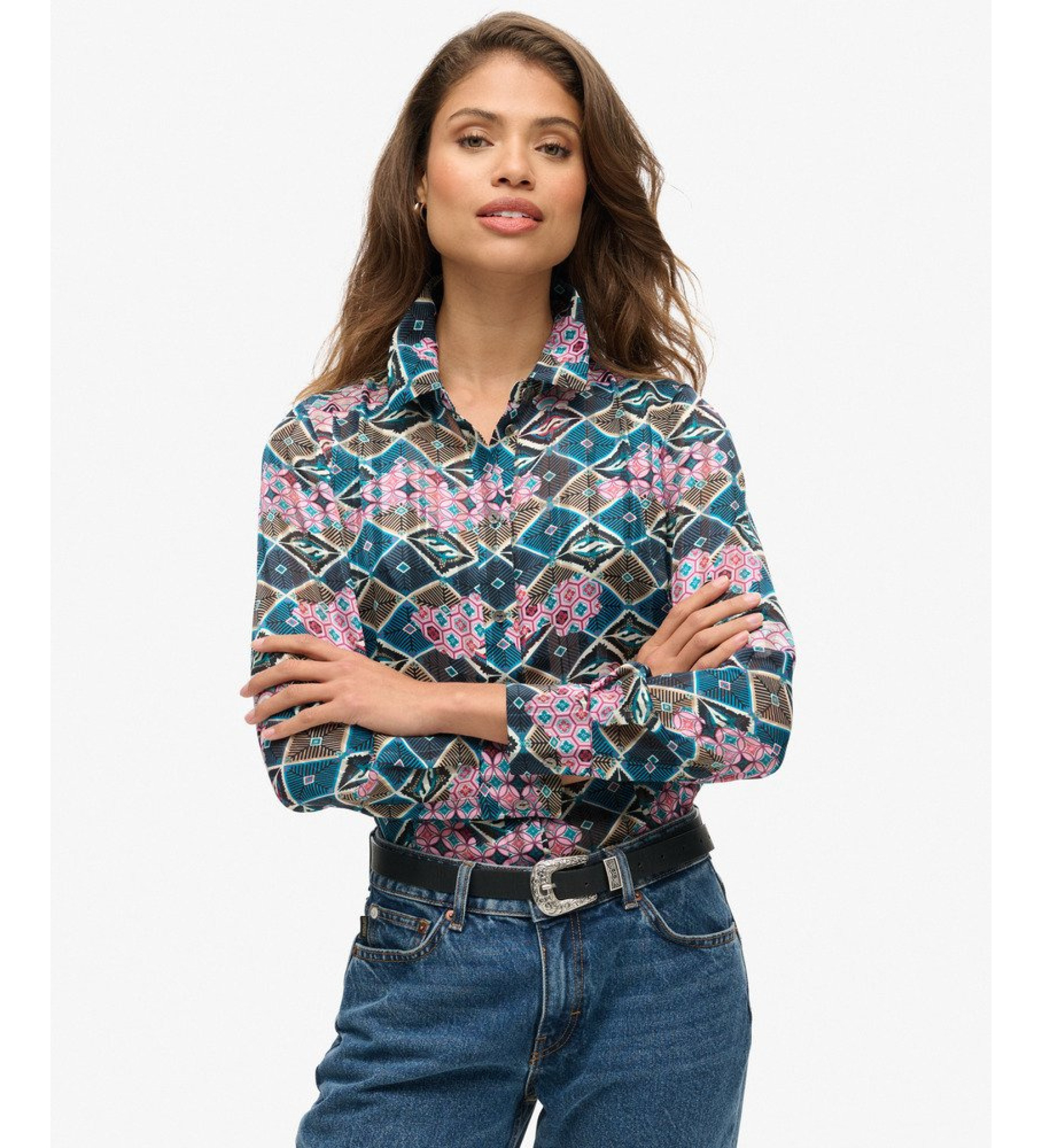 Superdry für Damen. W6012006A Mehrfarbiges durchsichtiges Hemd (L), Lässig, Viskose, Langarm