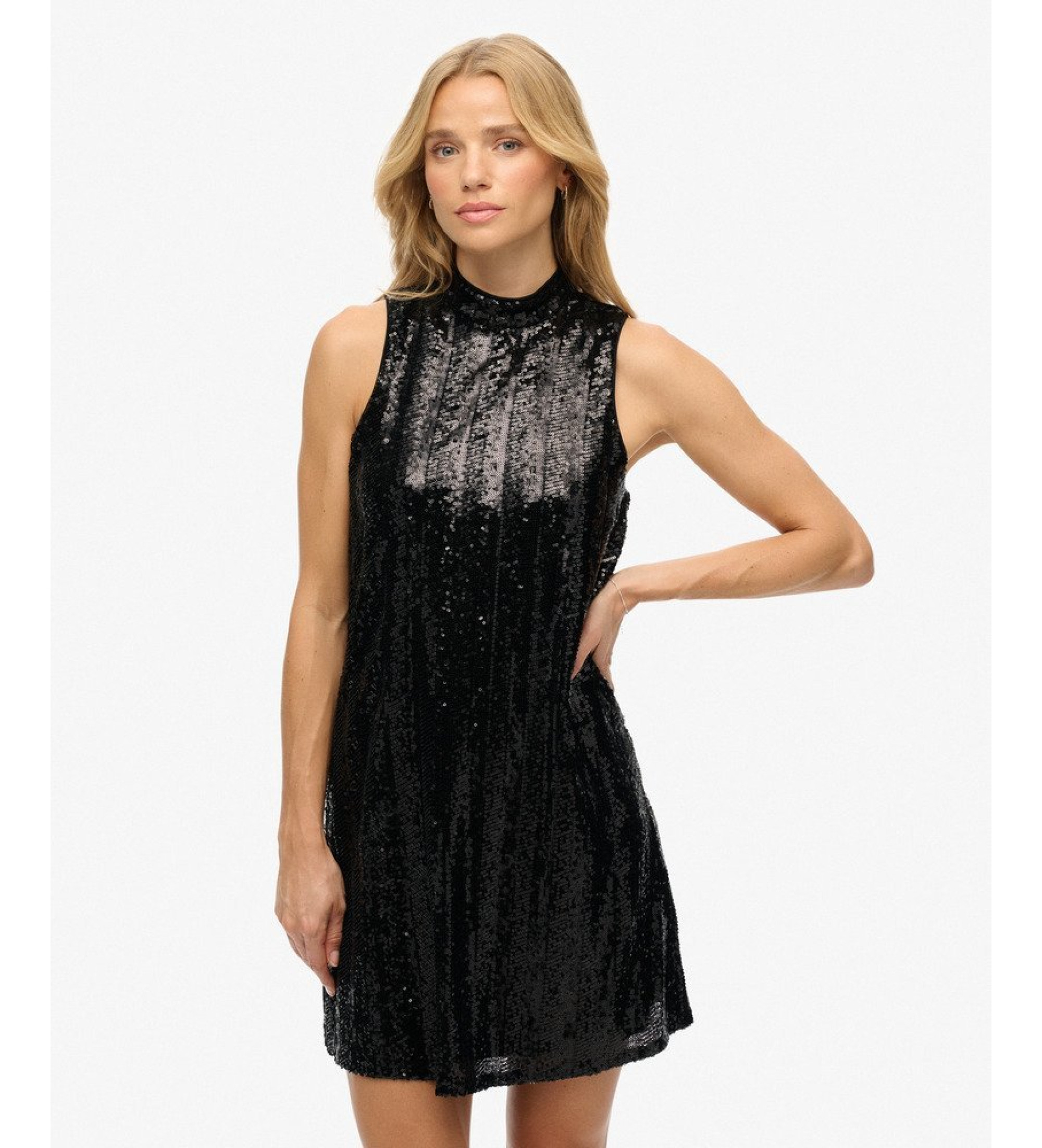 Superdry für Damen. W8012035A Schwarzes Paillettenkleid (XL), Lässig, Party, Klassisch, Polyester, Ärmellos / Hosenträger
