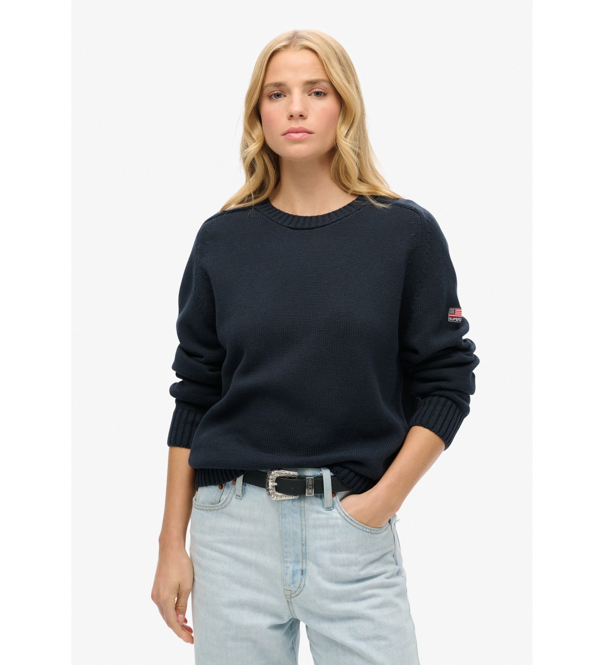 Superdry für Damen. W6110609A Marineblauer Pullover in Schlabberoptik (S), Lässig, Baumwolle, Langarm