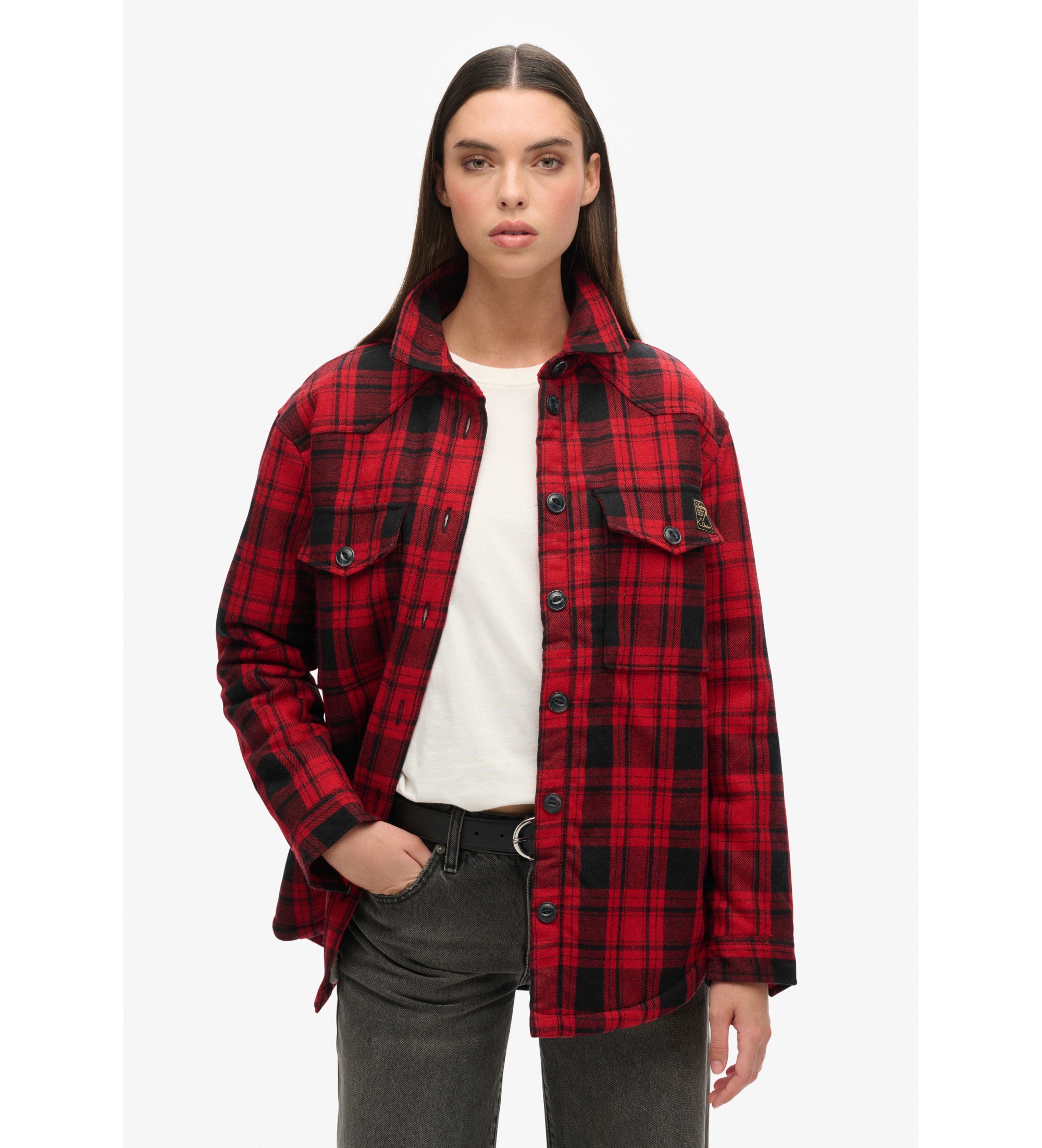 Superdry für Damen. W4010358A Karierter Flanell und rotes Schafsfell-Overshirt (M), Lässig, Polyester, Langarm