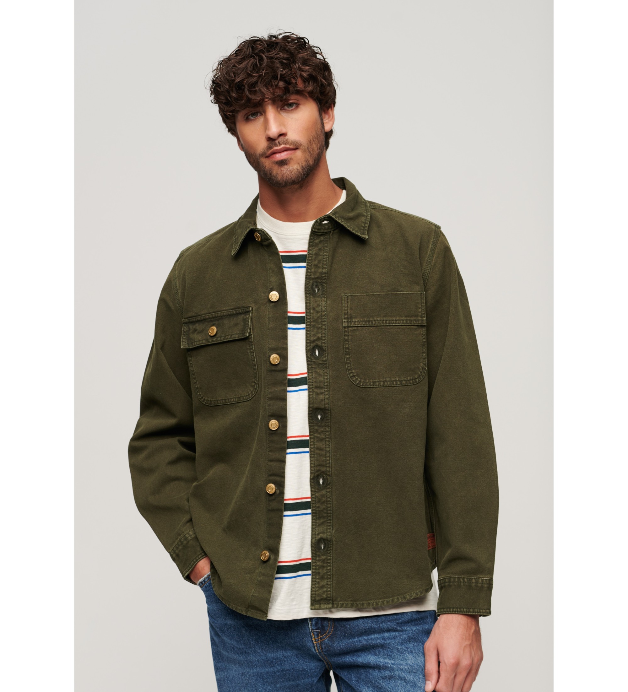 Superdry für Herren. M4010826A Surplus grünes Segeltuch-Überhemd (XXL), Lässig, Baumwolle, Langarm
