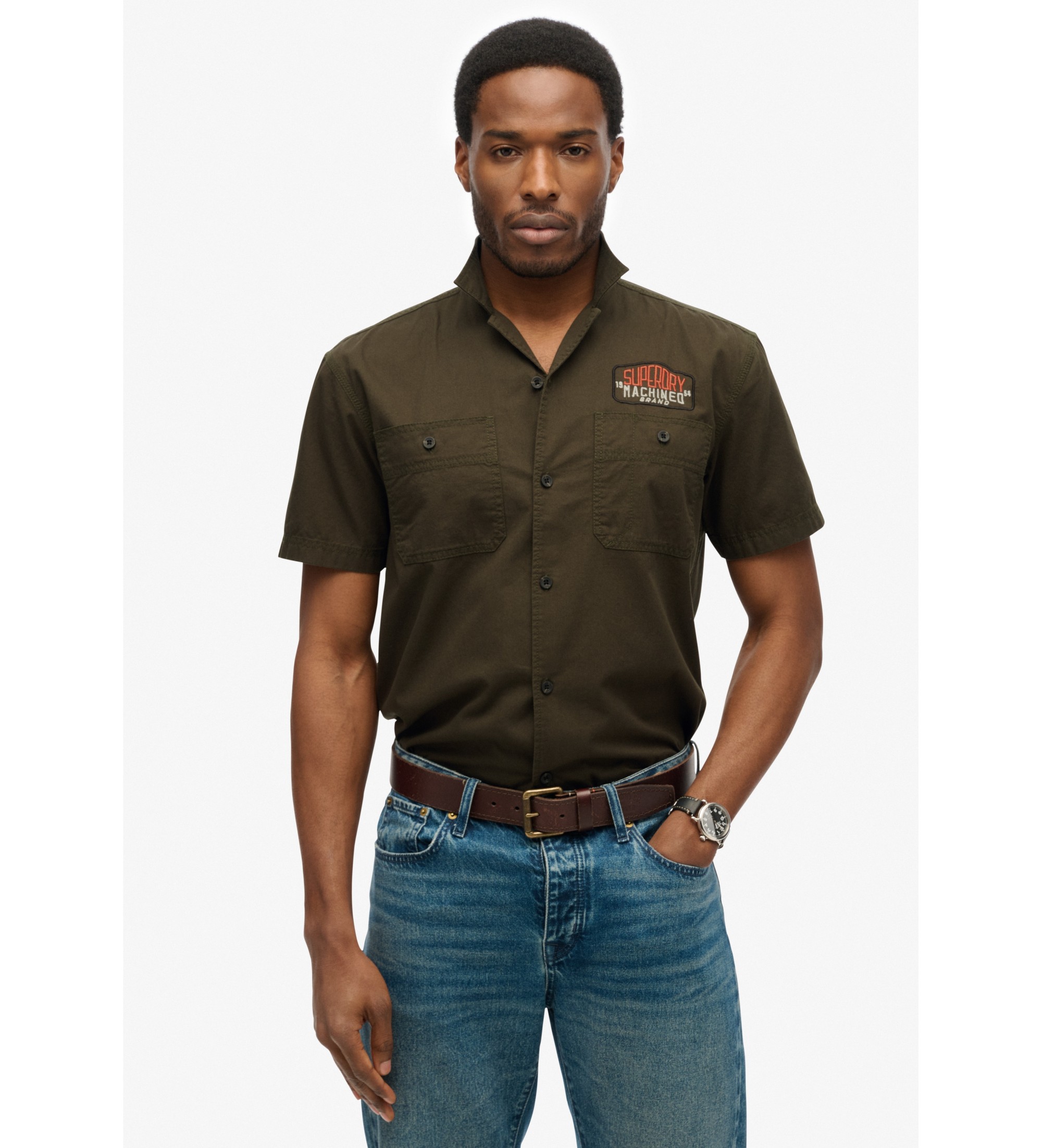 Superdry für Herren. M4010939A Mechaniker grünes Hemd (L), Lässig, Baumwolle, Kurzarm