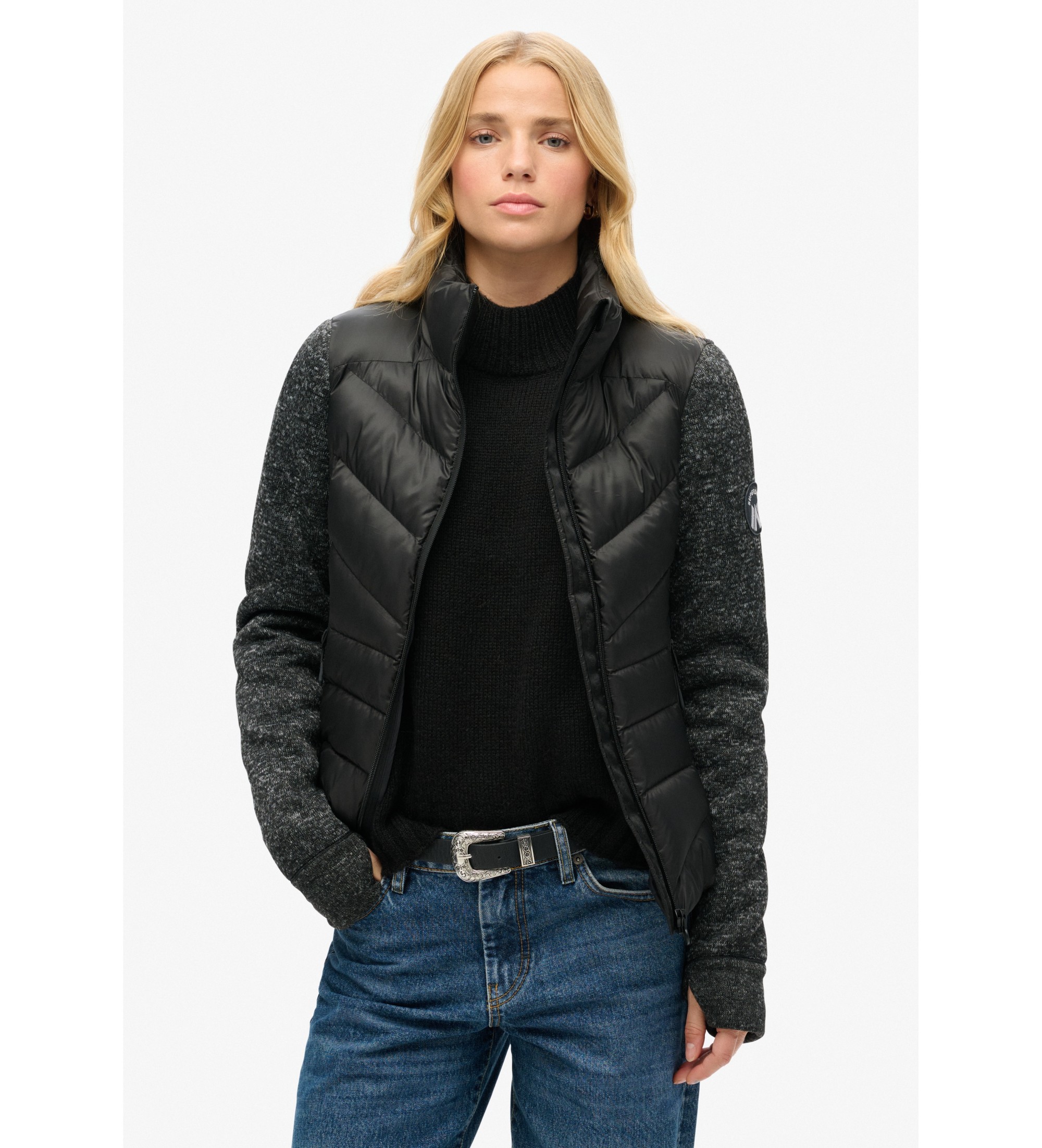Superdry für Damen. W5011823A Storm Hybrid-Strickjacke schwarz (S), Lässig, Recyceltes Polyester, Nachhaltig