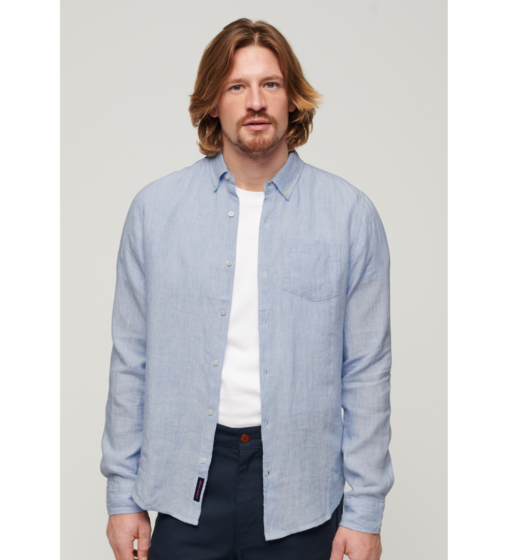 Superdry für Herren. M4010696A Studios blaues Leinenhemd (XXL), Lässig, Langarm