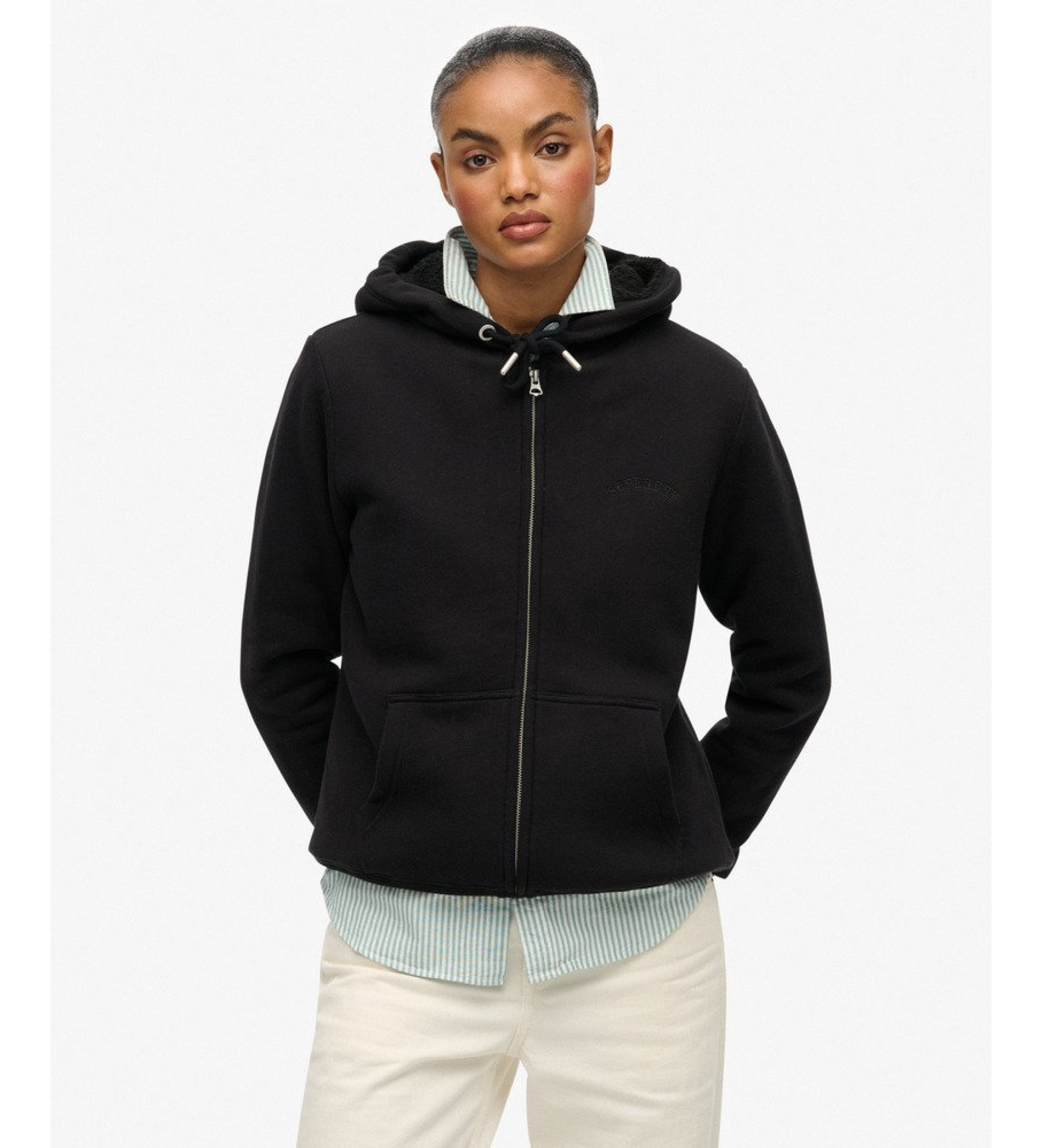 Superdry für Damen. W2012323A Borg Gefütterte Ziphood schwarz (S), Lässig, Baumwolle, Langarm