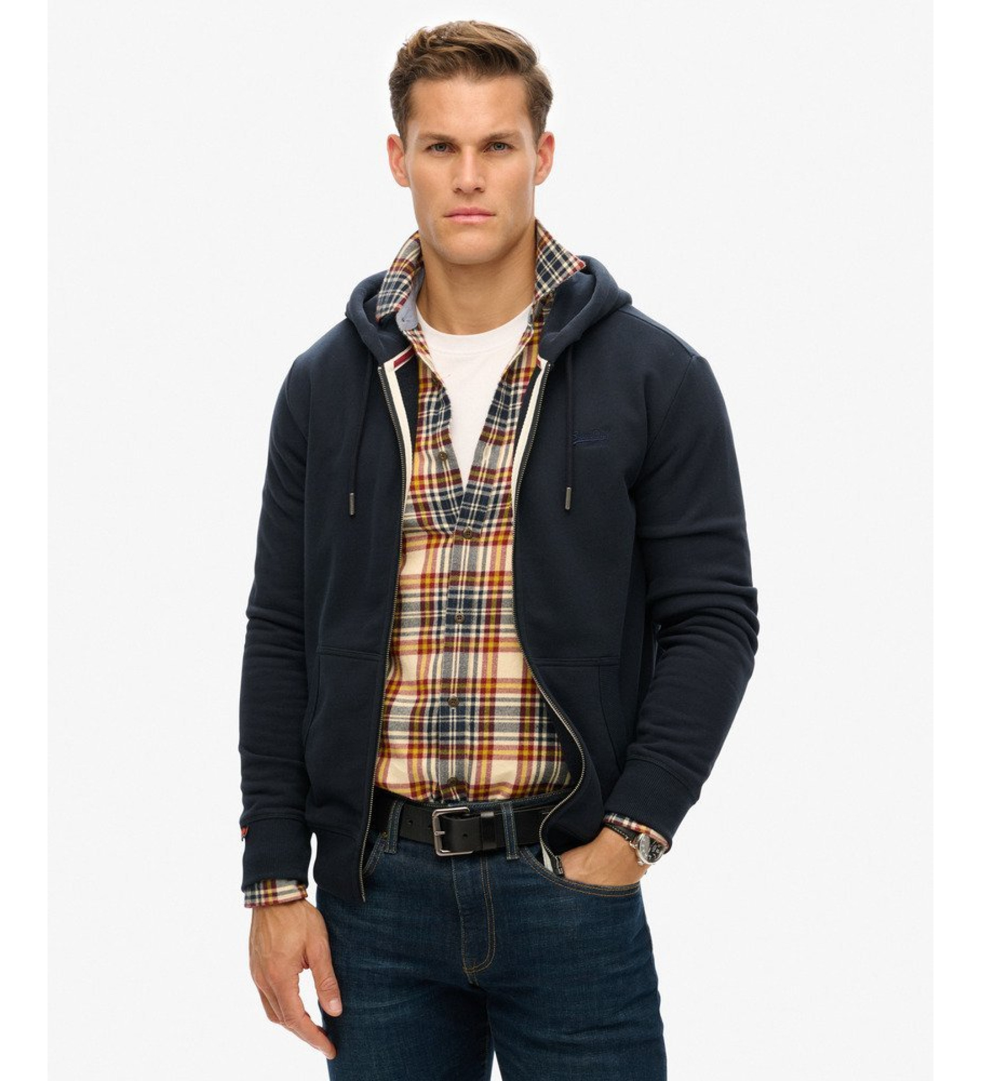 Superdry für Herren. M2014128A Sweatshirt mit Kapuze, Reißverschluss und navyfarbenem Essential-Logo (S), Lässig, Baumwolle, Marine