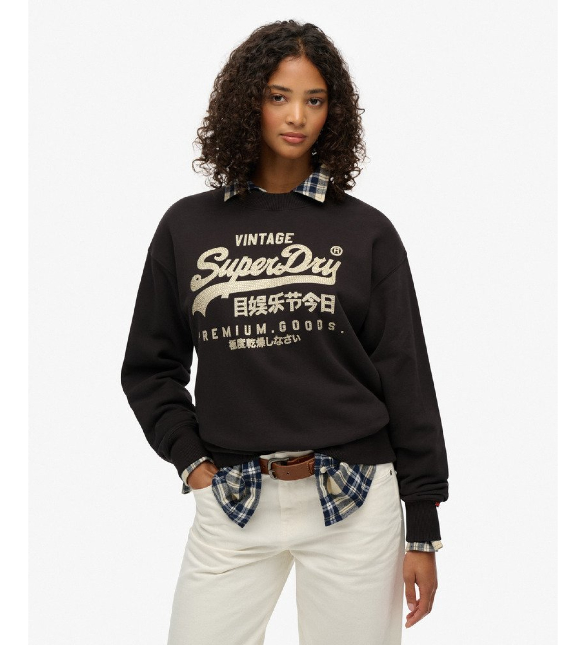 Superdry für Damen. W2012399A Sweatshirt Verschönertes Vintage Logo schwarz (L), Lässig, Baumwolle