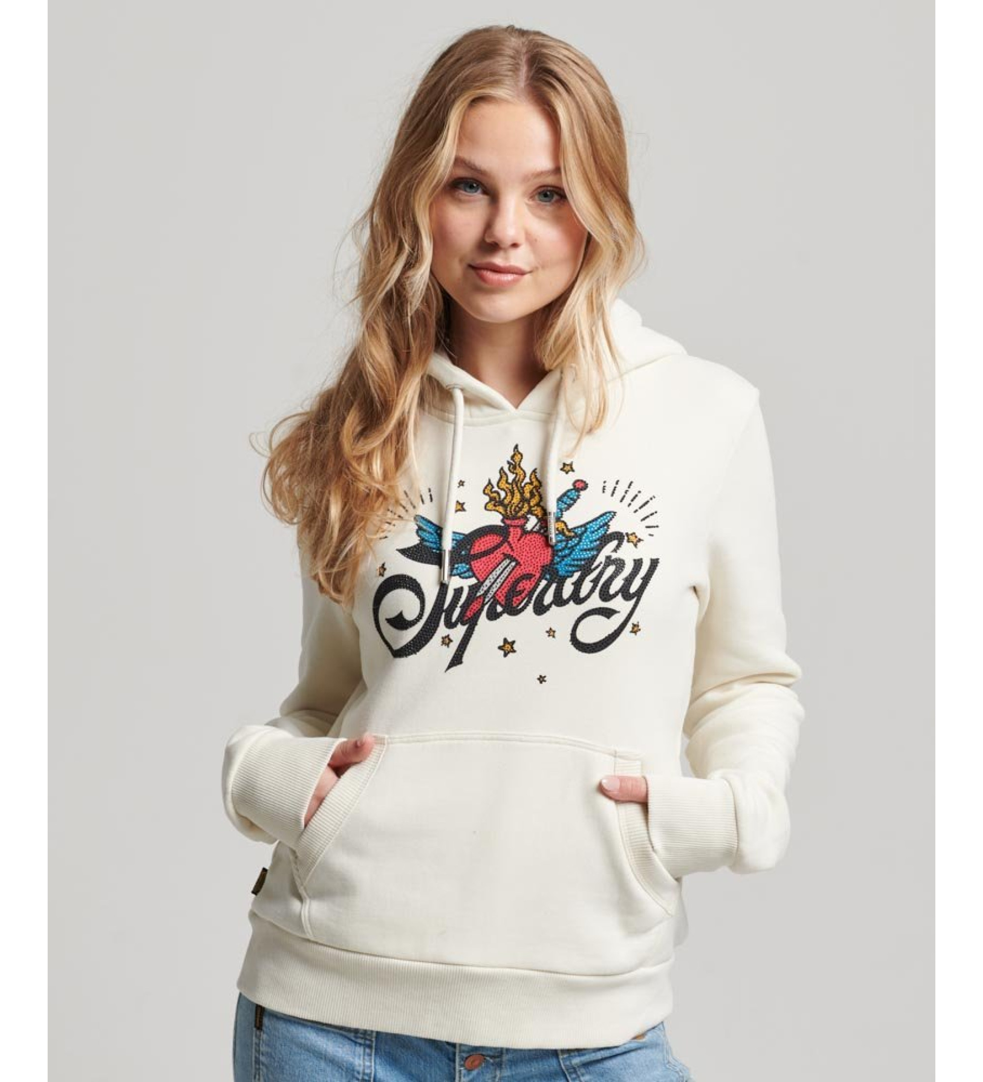 Superdry für Damen. W2011958A Tattoo Script Grafik Hoodie beige (XS), Lässig, Sportlich, Baumwolle