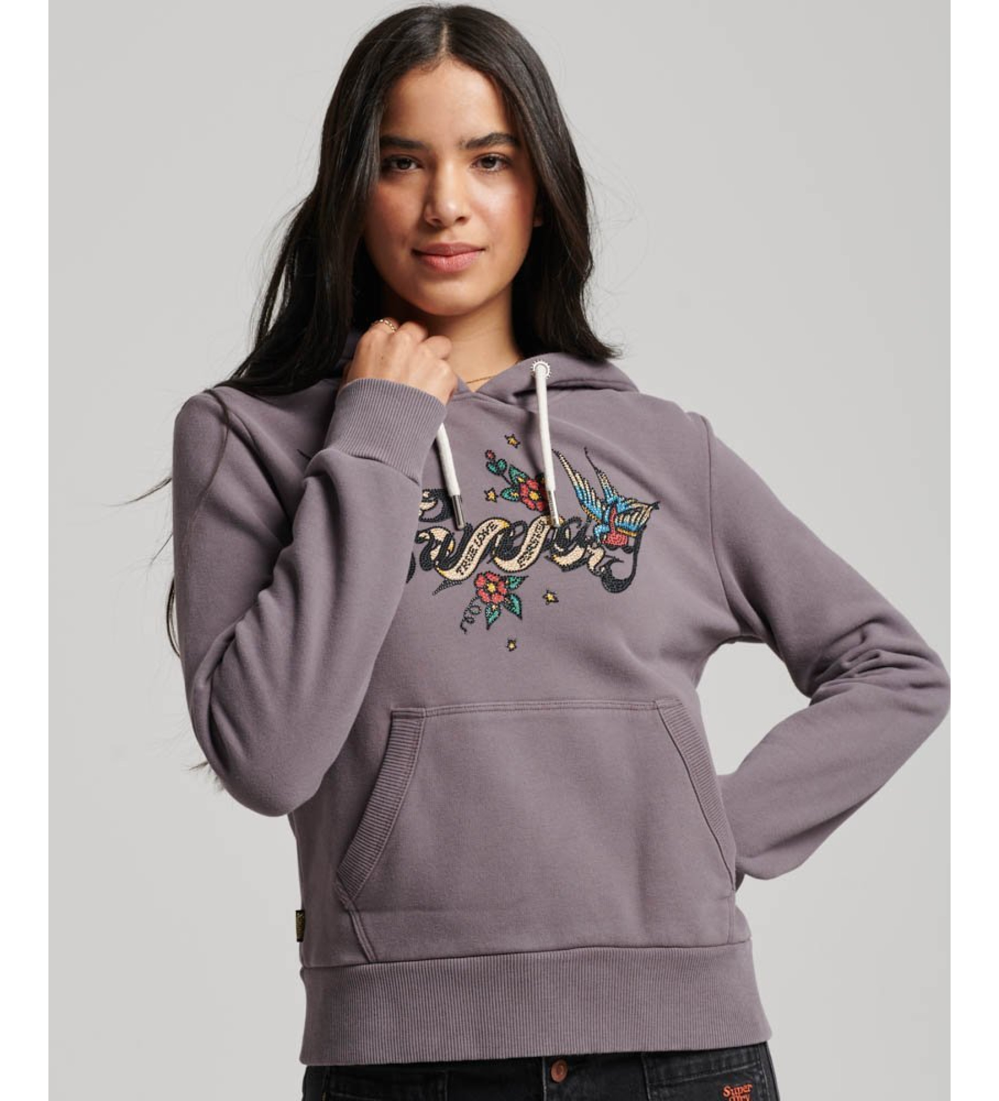 Superdry für Damen. W2011958A Tattoo Script Grafik Sweatshirt mit Kapuze grau (M), Lässig, Sportlich, Baumwolle