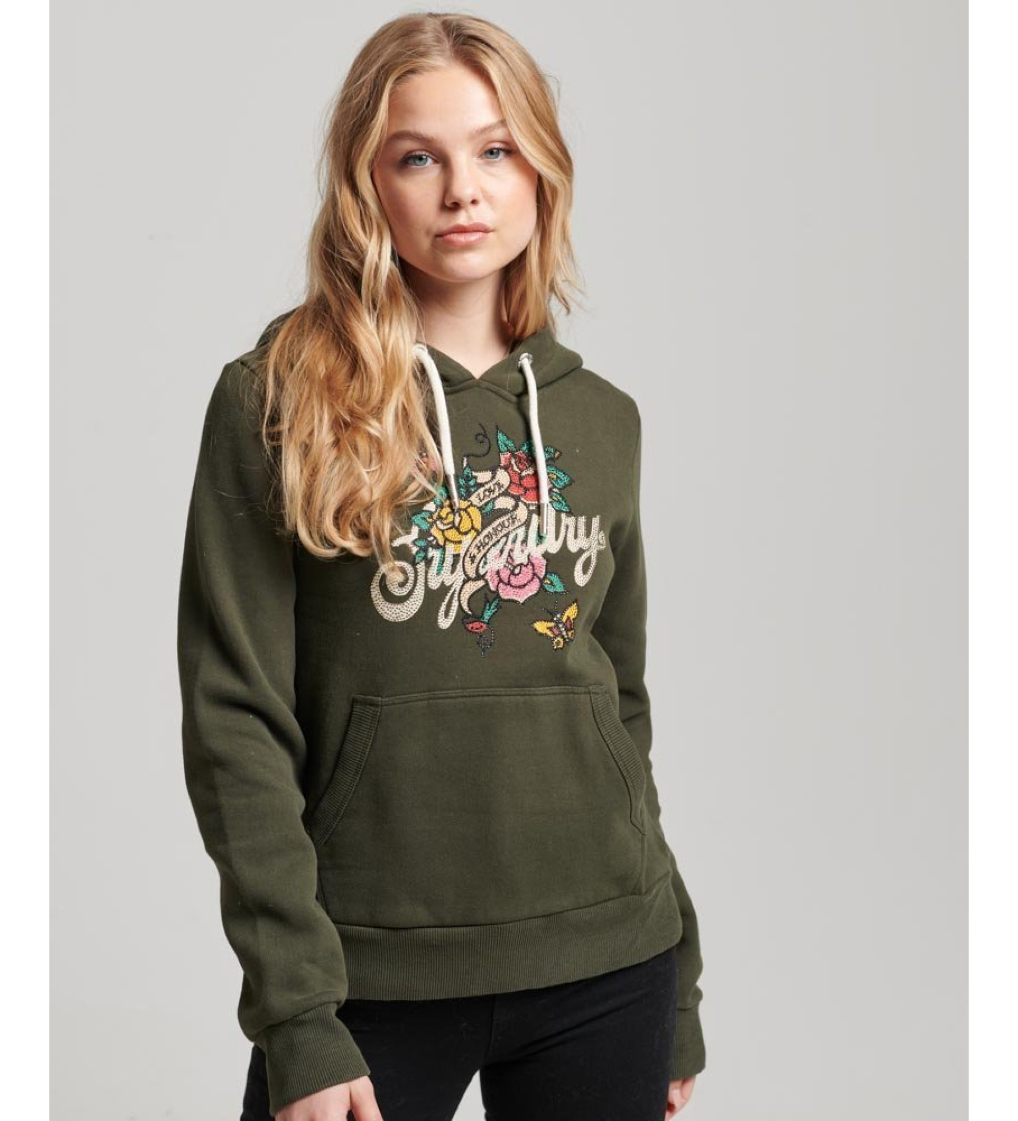 Superdry für Damen. W2011958A Grafik-Kapuzenpulli Tattoo Script grün (S), Lässig, Sportlich, Baumwolle
