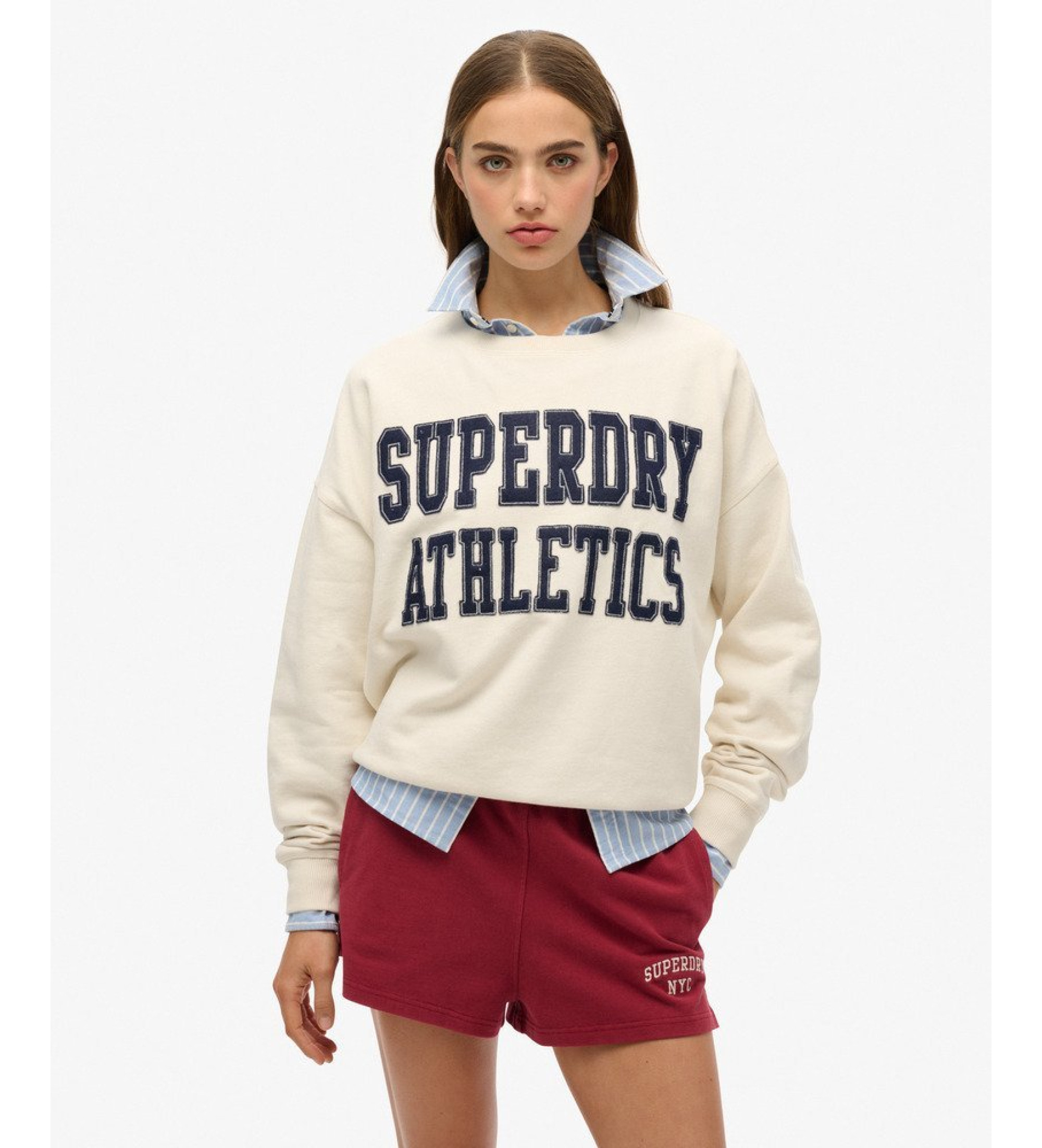 Superdry für Damen. W2012441A Entspanntes Sweatshirt mit Applikationen in Beige (XL), Lässig, Baumwolle, Langarm