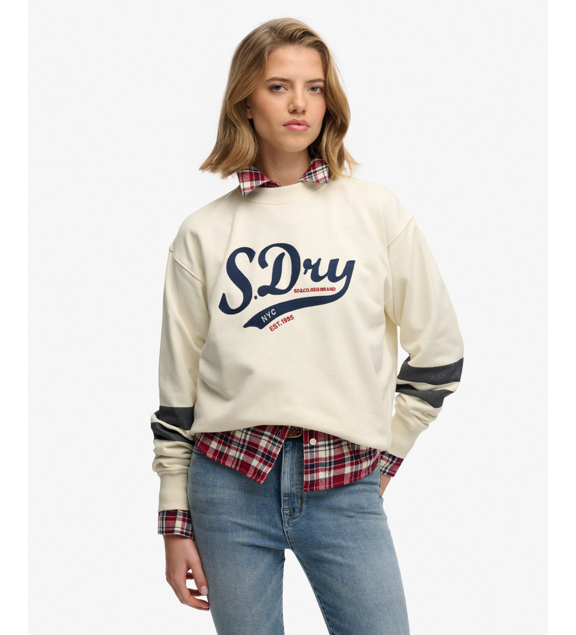 Superdry für Damen. W2012596A Varsity Script Lose Lose beige Sweatshirt (M), Lässig, Baumwolle