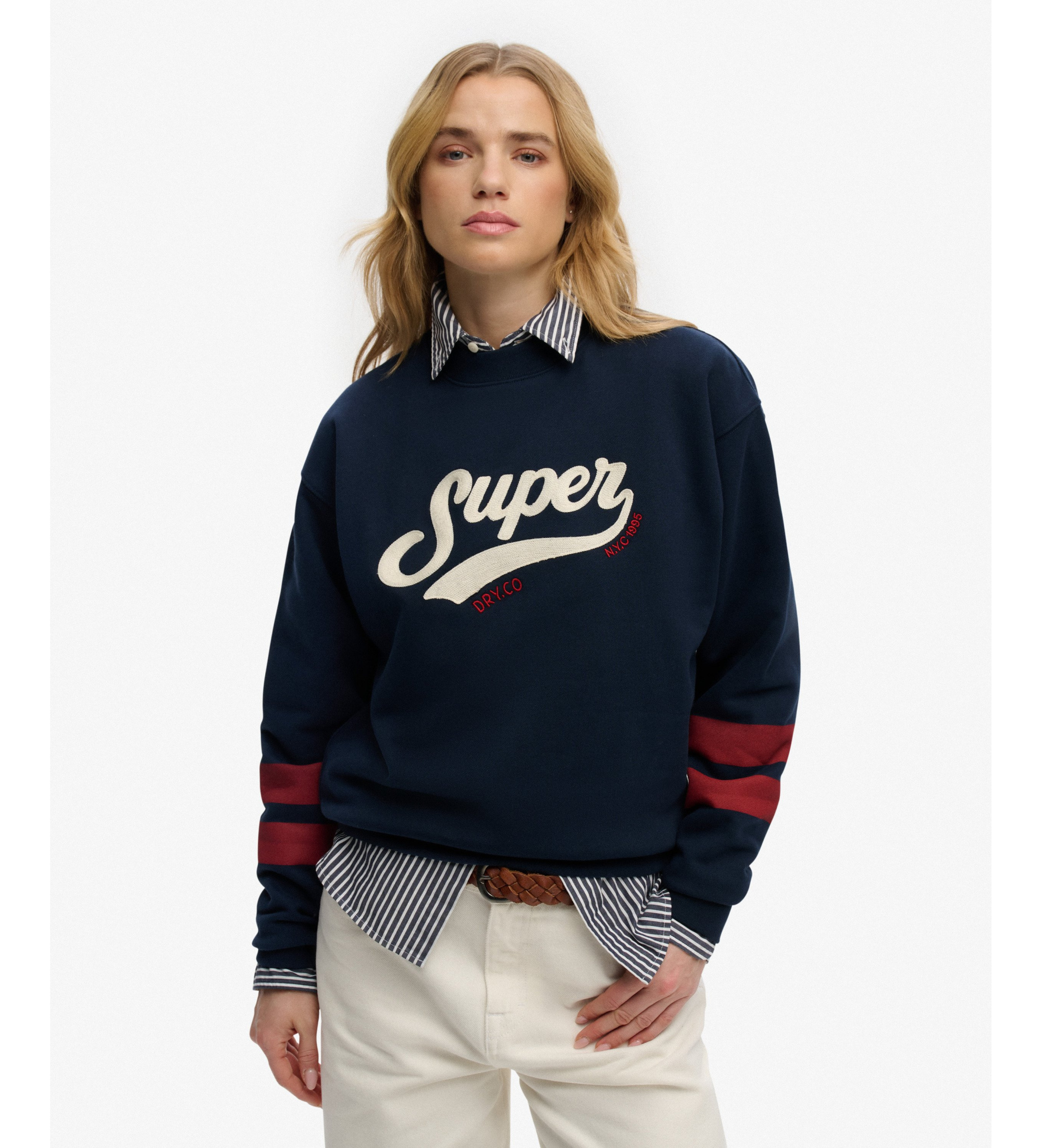 Superdry für Damen. W2012596A Varsity Sweatshirt Varsity Script Lose navy (XS), Lässig, Baumwolle, Marine