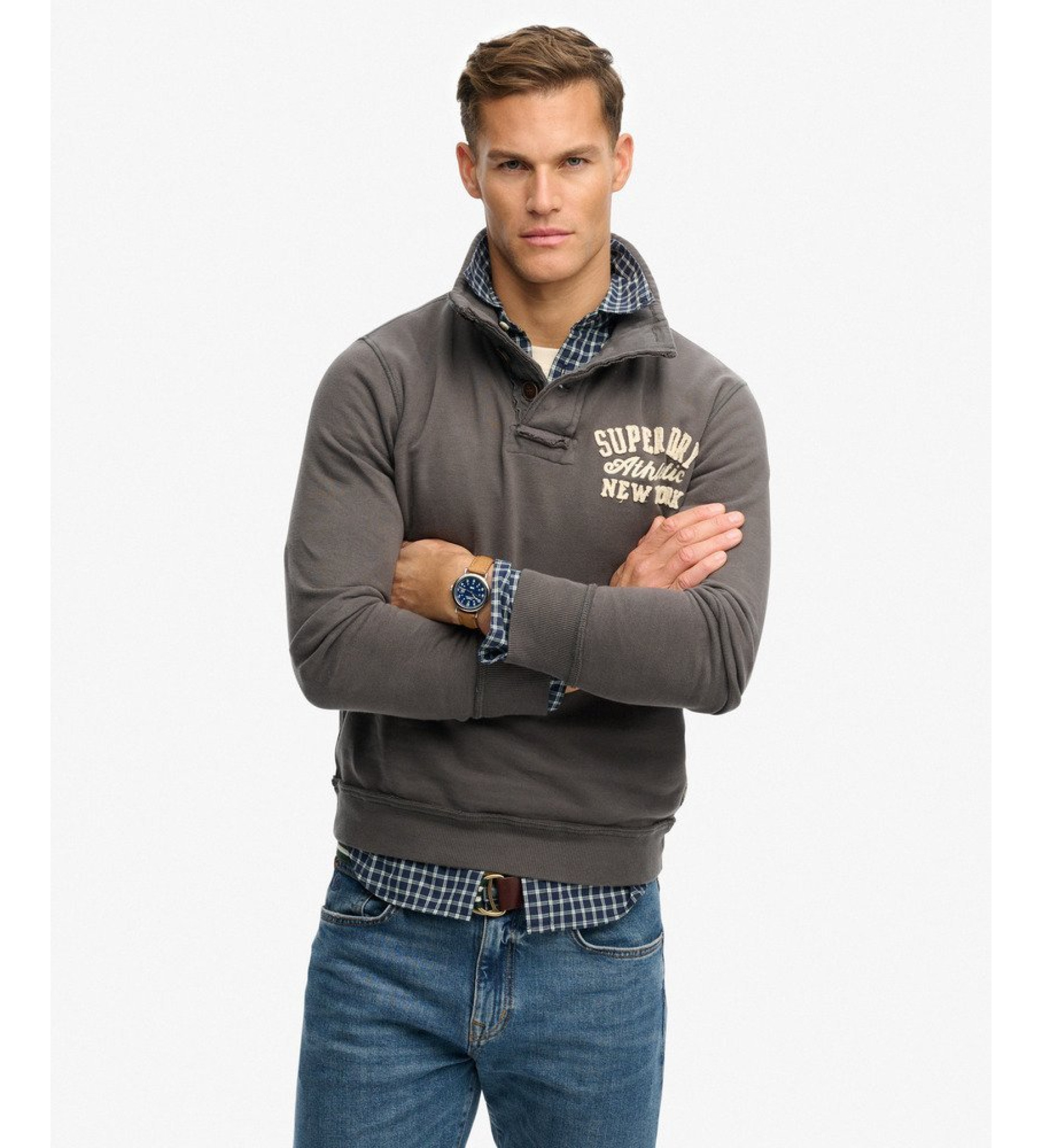 Superdry für Herren. M2014013A Vintage Athletic Half Button Sweatshirt grau (M), Lässig, Baumwolle
