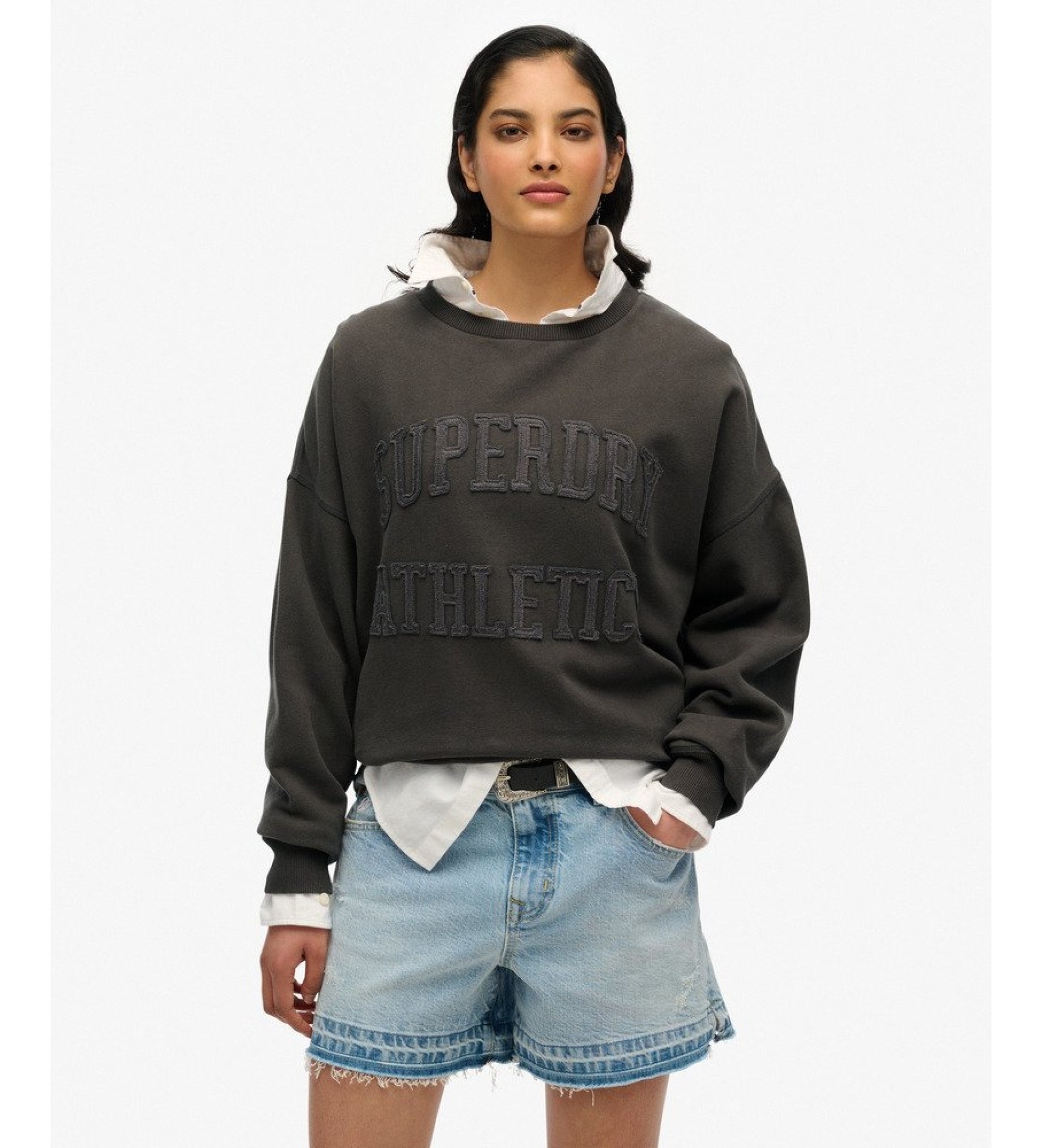 Superdry für Damen. W2012334A Graues Sweatshirt ?Athletic Tonal Applique? (S), Lässig, Baumwolle, Langarm