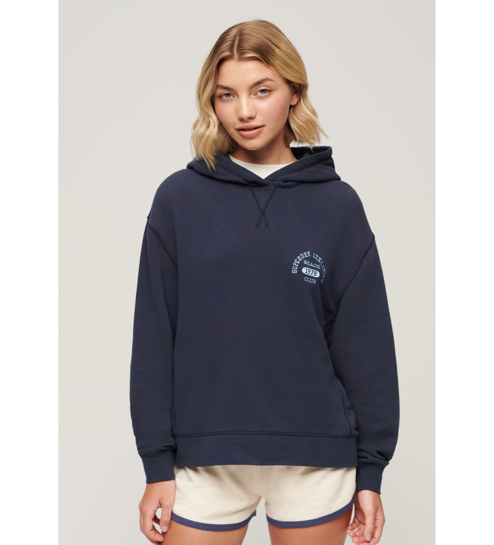 Superdryvoor vrouwen. W2012071A Athletic Essential Hoodie marine (L), Casual, Katoen, Lange mouwen, Marineblauw