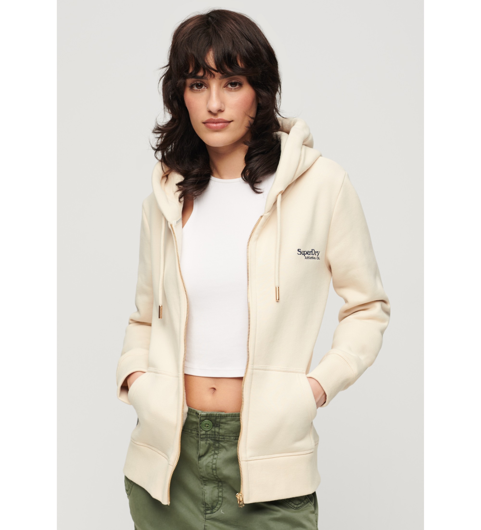Superdry für Damen. W2012047A Essential beige Hoodie mit Reißverschluss und Logo Essential beige (M), Lässig, Baumwolle, Langarm