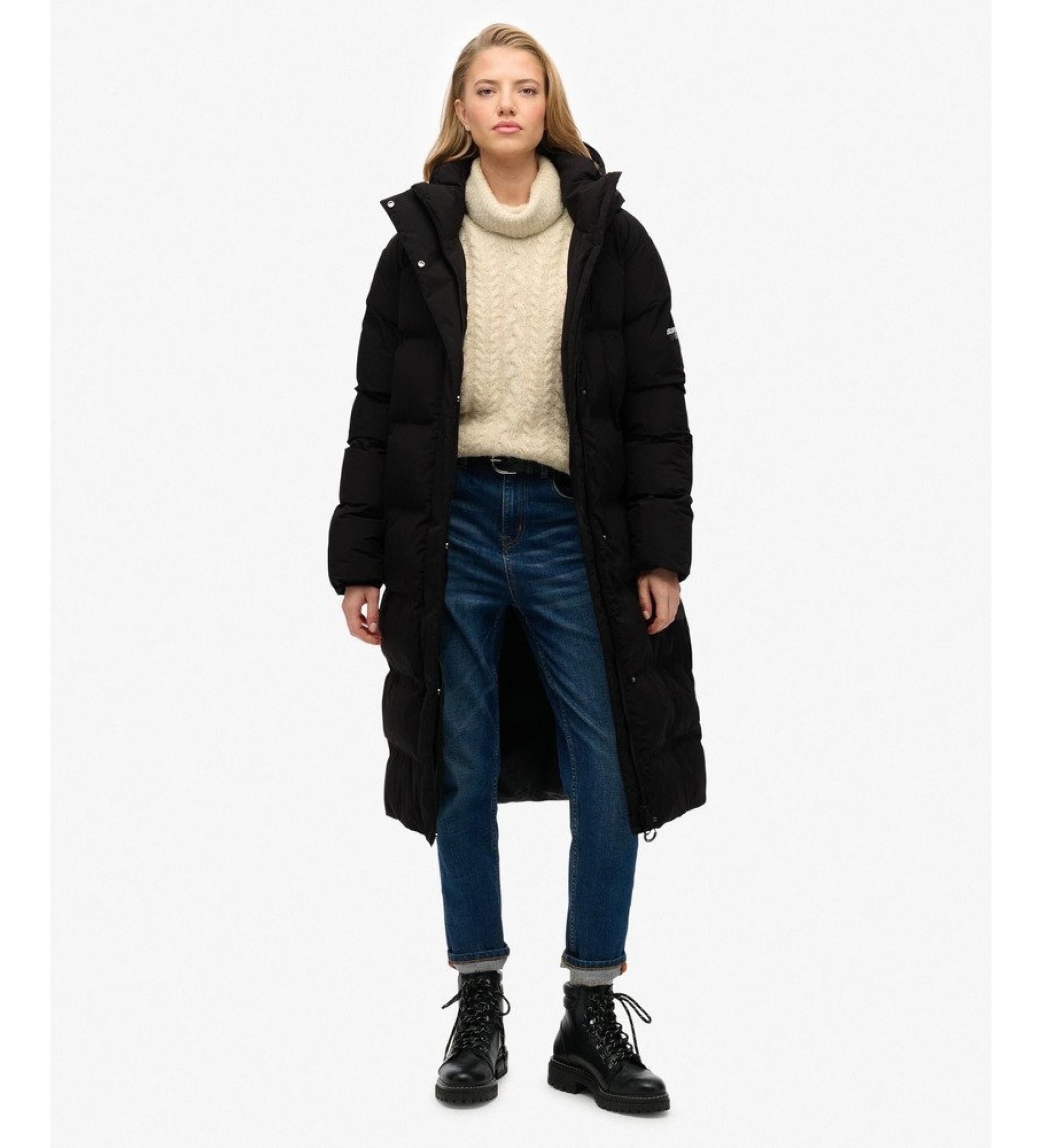 Superdry für Damen. W5012143A Schwarzer Longline-Mantel mit Kapuze (M), Lässig, Polyester