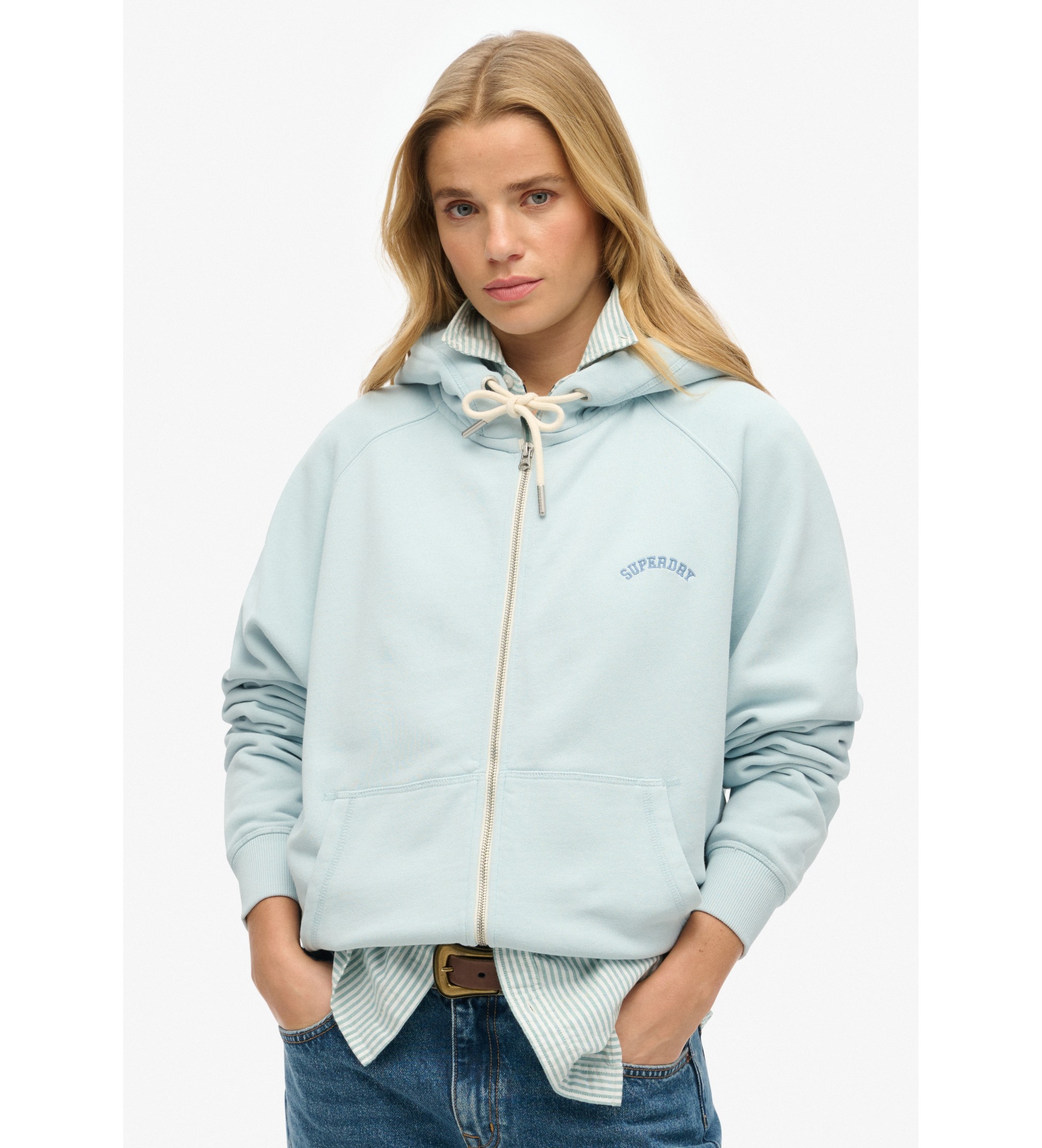 Superdry für Damen. W2012287A Kapuzensweatshirt mit regulierbaren Ärmeln, Reißverschluss und blauem Esssential-Logo (M), Lässig, Baumwolle