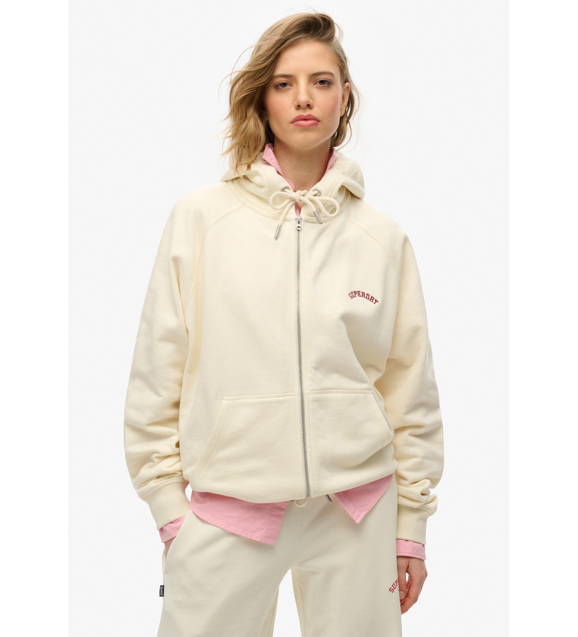 Superdry für Damen. W2012287A Beigefarbenes Esssential Logo-Kapuzensweatshirt mit Raglanärmeln, Reißverschluss und beigem Logo (M), Lässig,