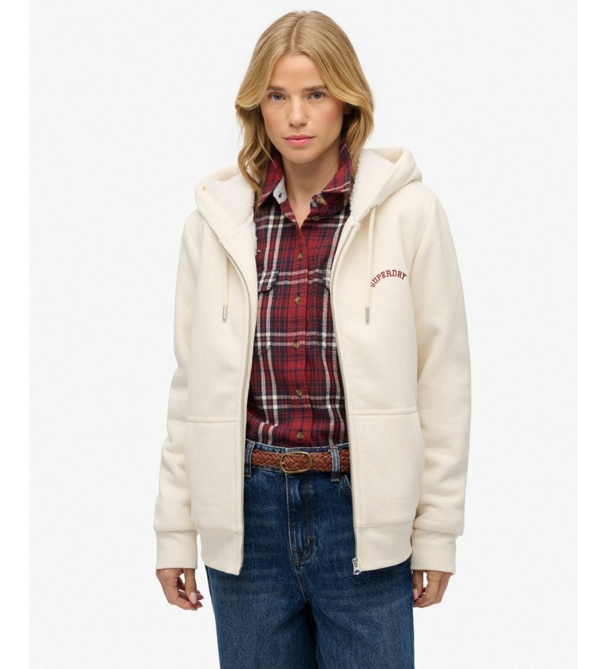 Superdry für Damen. W2012323A Kapuzen-Sweatshirt mit Reißverschluss ?Borg Lined? in Off-White (XS), Weiß, Lässig, Baumwolle