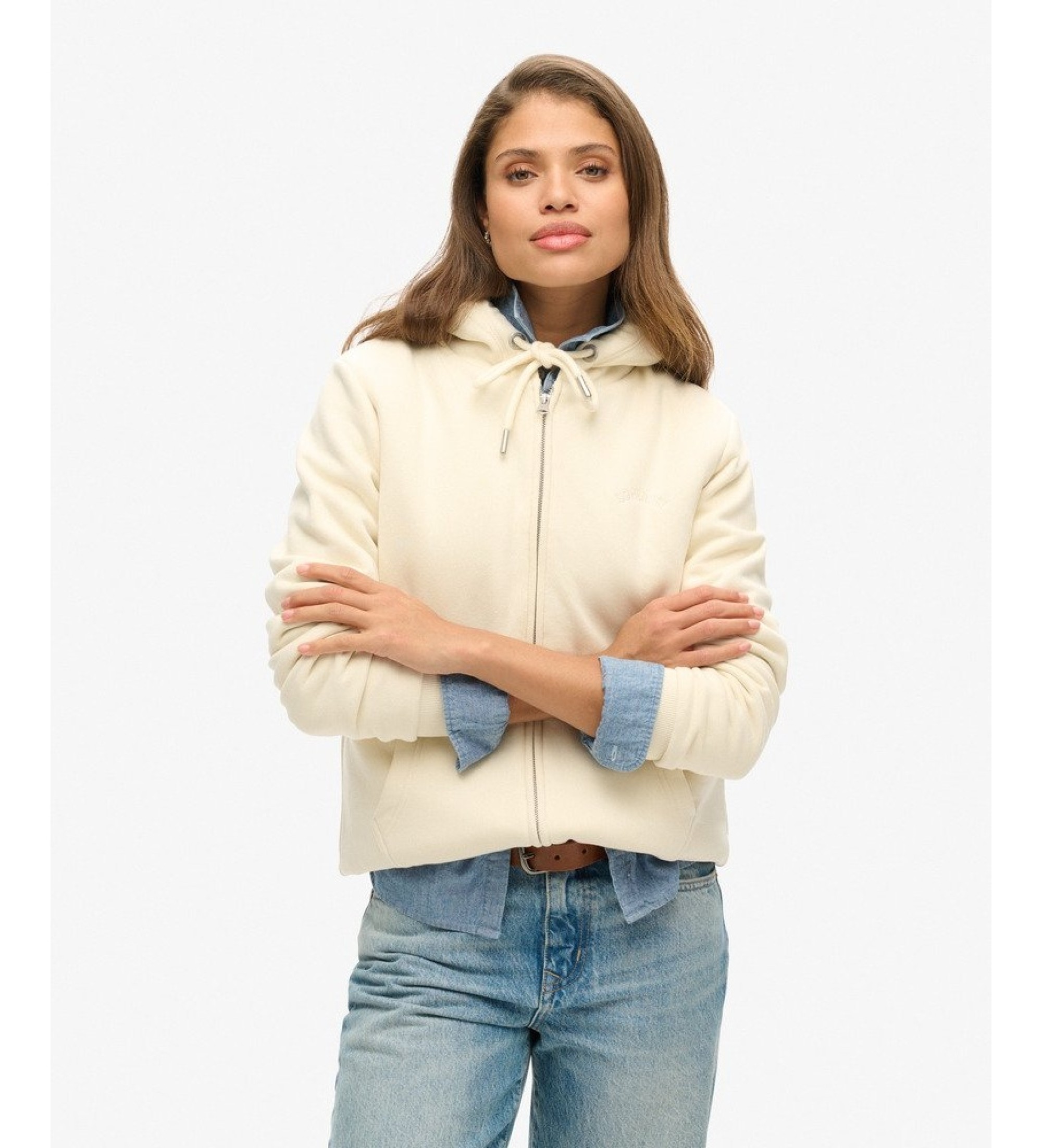 Superdry für Damen. W2012323A Kapuzen-Sweatshirt mit Reißverschluss ?Borg Lined? in Creme (L), Beige, Lässig, Baumwolle
