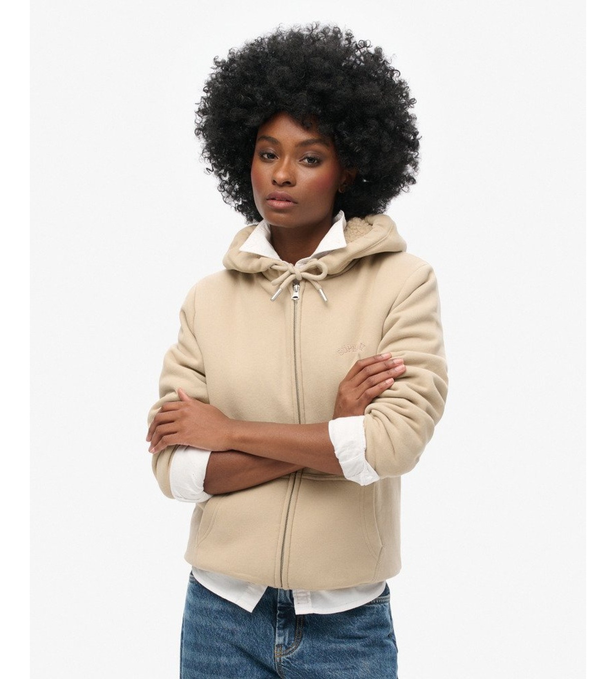 Superdry für Damen. W2012323A Graues Kapuzensweatshirt mit Reißverschluss ?Borg Lined? (M), Lässig, Baumwolle