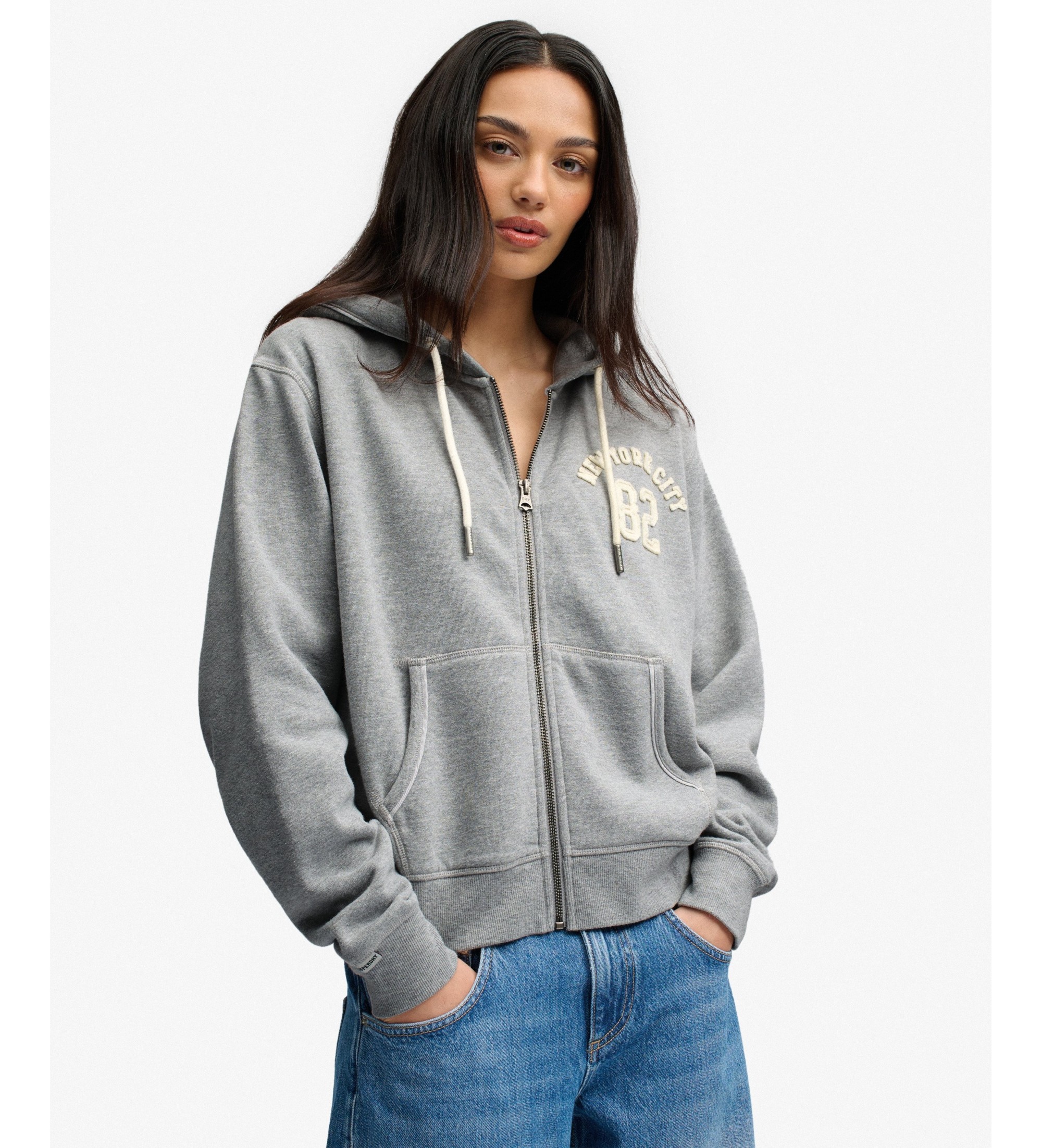 Superdry für Damen. W2012712A Graue Relaxed Crop Kapuzenjacke mit Reißverschluss (S), Lässig, Baumwolle