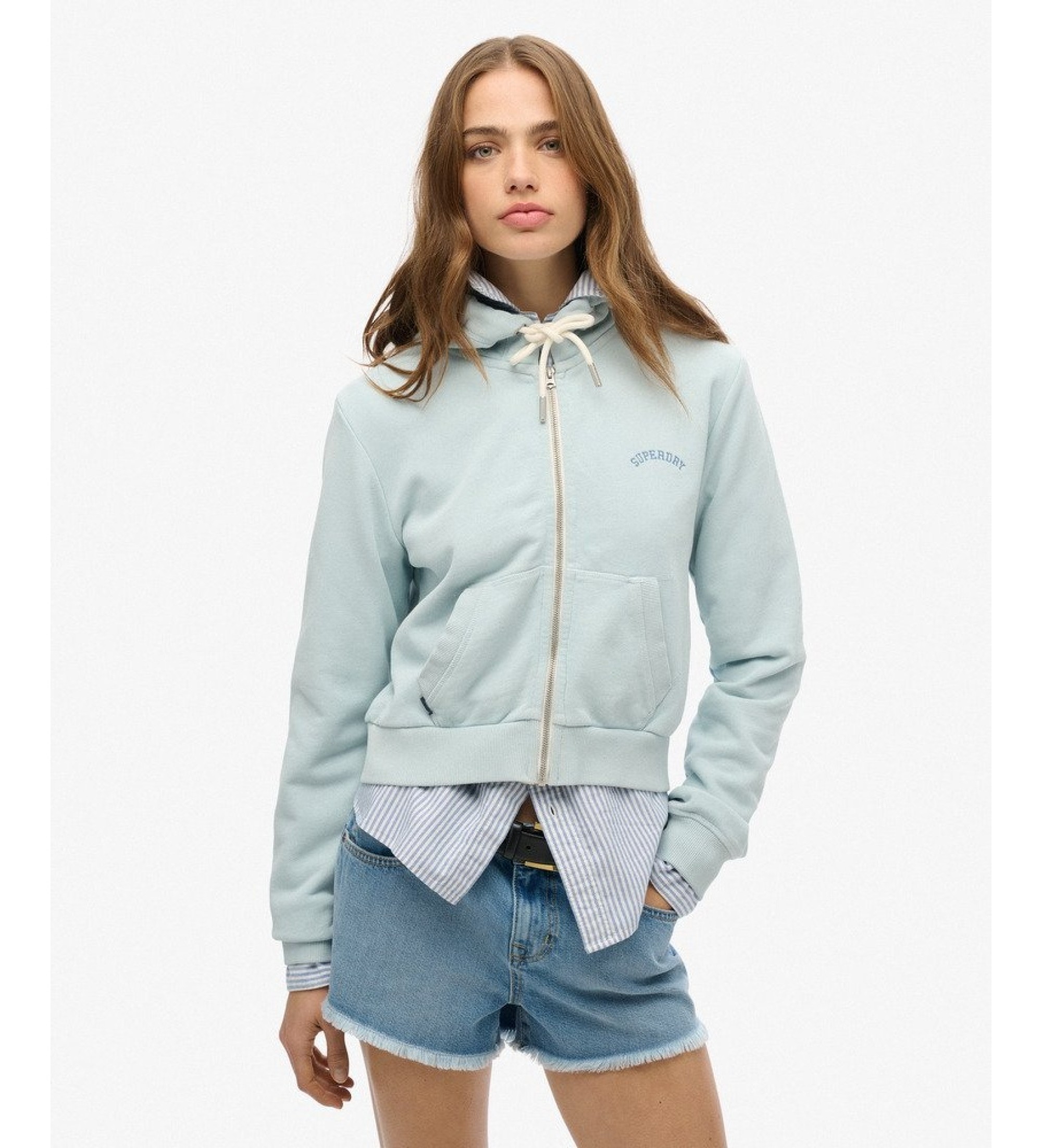 Superdry für Damen. W2012286A Essential Logo Cropped Kapuzenpullover mit Reißverschluss, hellblau (M), Lässig, Baumwolle