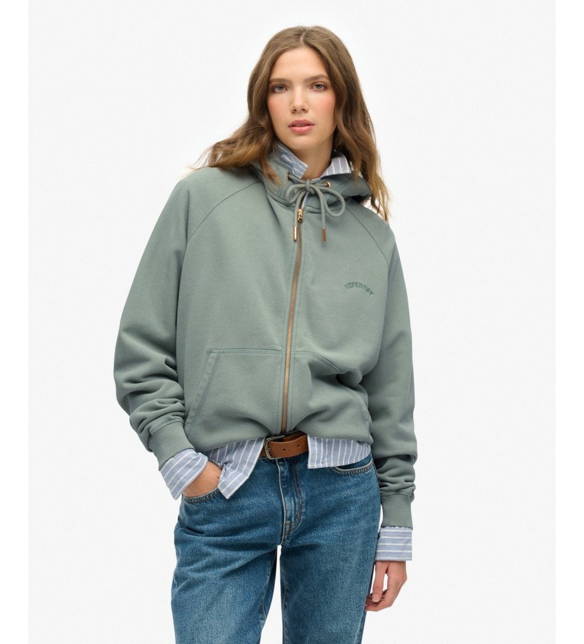Superdry für Damen. W2012287A Kapuzen-Sweatshirt mit Reißverschluss ?Essential Logo Raglan? in Grün (L), Lässig, Baumwolle