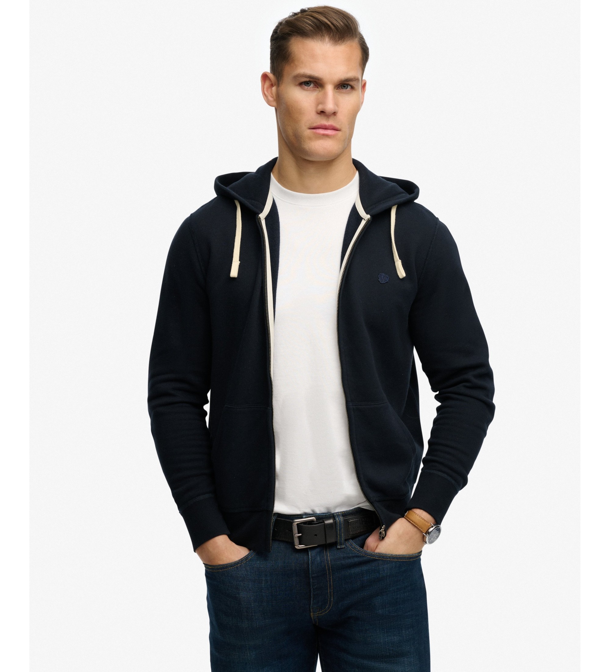 Superdry für Herren. M2014470A Marineblaue Kapuzenjacke mit Reißverschluss und Monogramm (L), Lässig, Baumwolle
