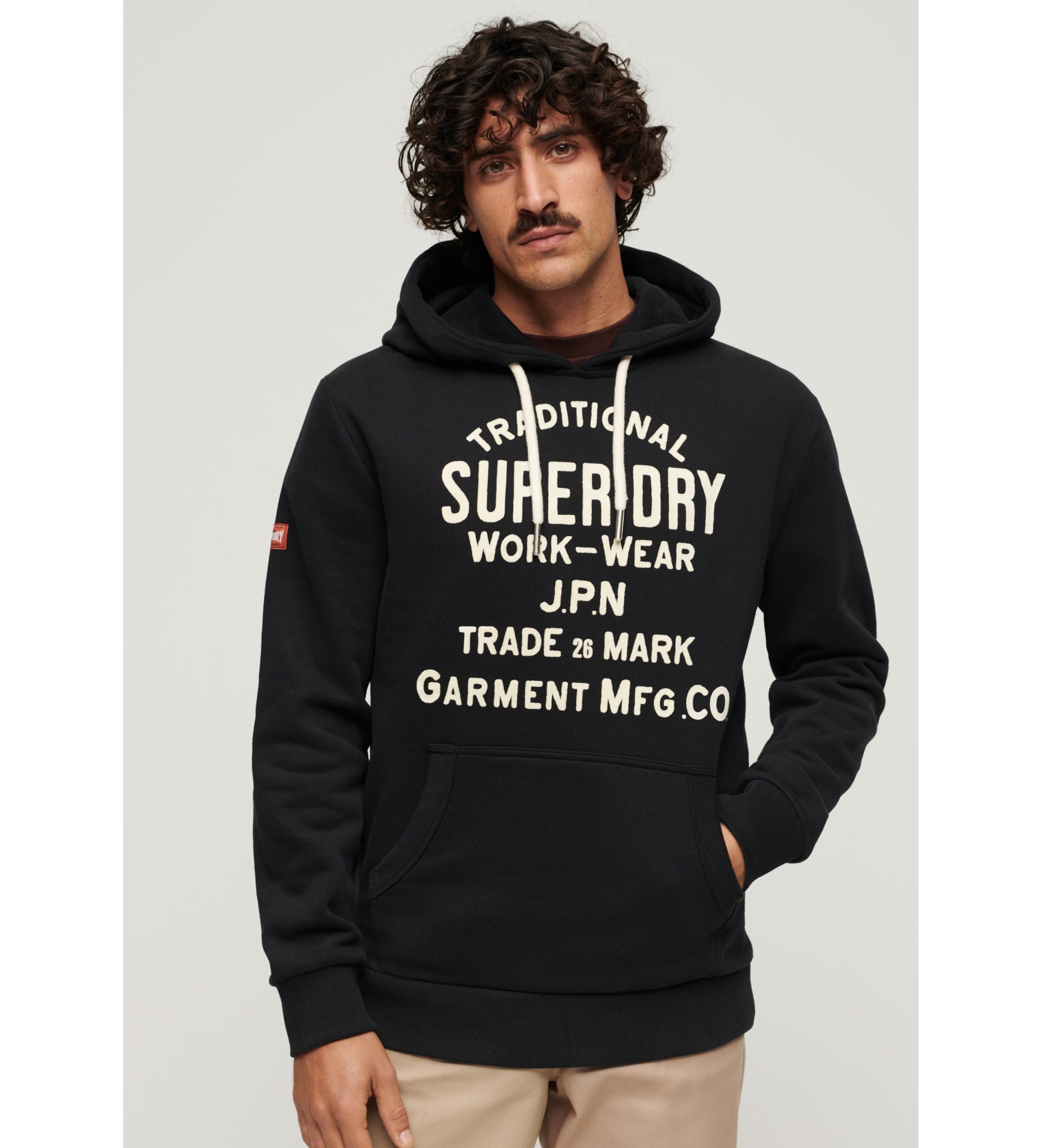Superdry für Herren. M2013576A Schwarzer Workwear-Kapuzenpullover mit beflockter Grafik (M), Lässig, Baumwolle, Langarm
