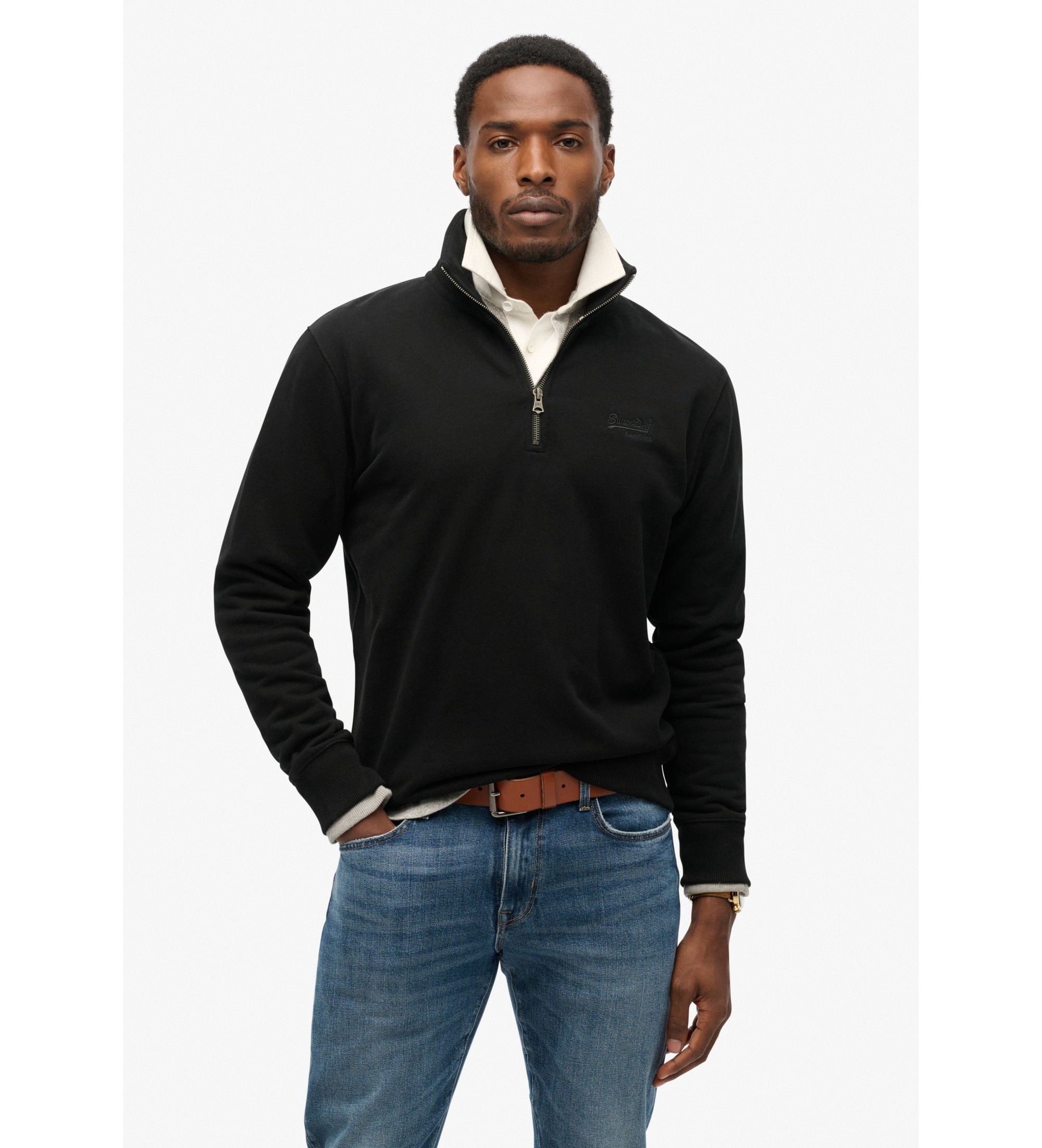 Superdry für Herren. M2013750A Sweatshirt mit Bäckerkragen und Logo Essential schwarz (S), Lässig, Baumwolle