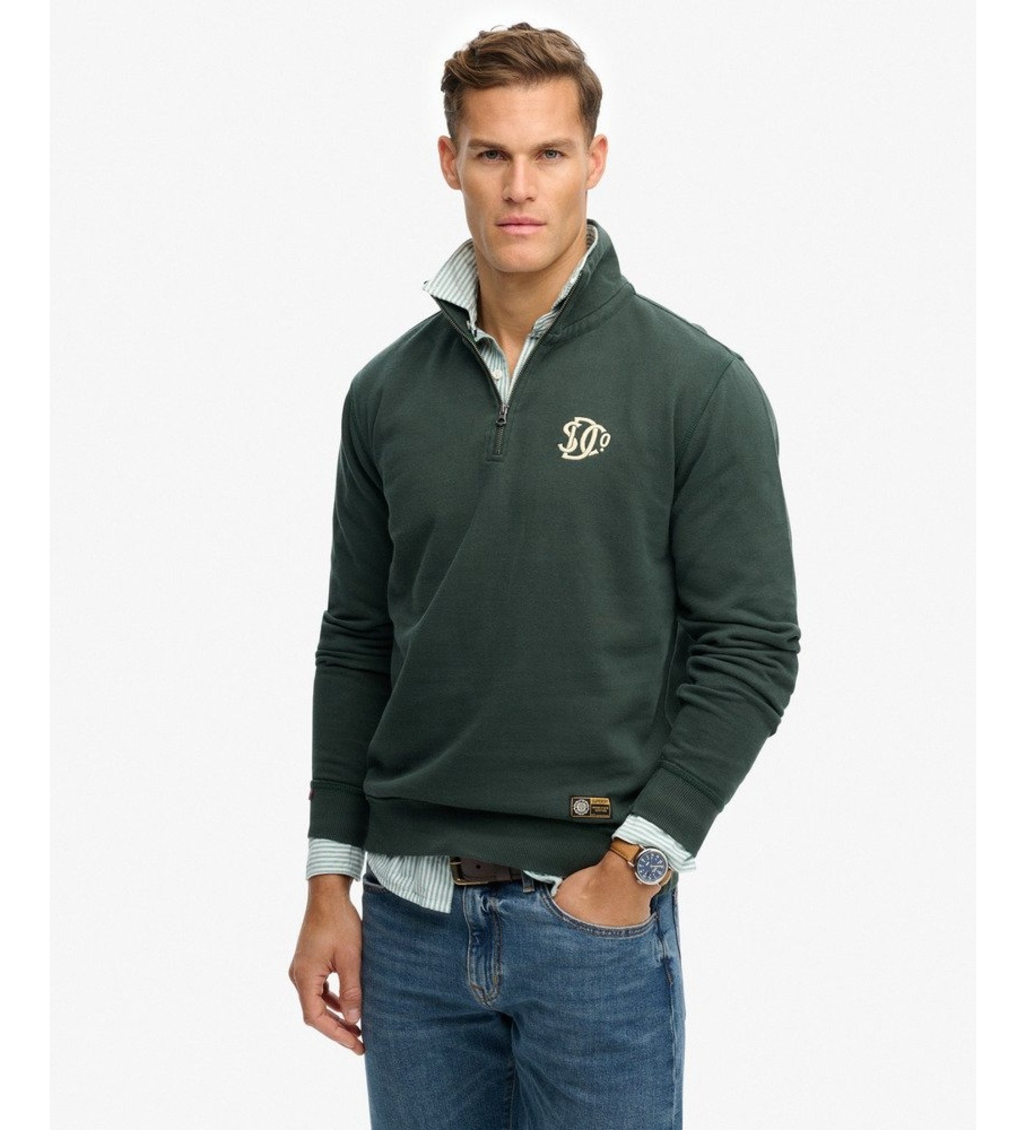 Superdry für Herren. M2014383A Grünes Athletic Sweatshirt mit halbem Reißverschluss (XL), Lässig, Baumwolle