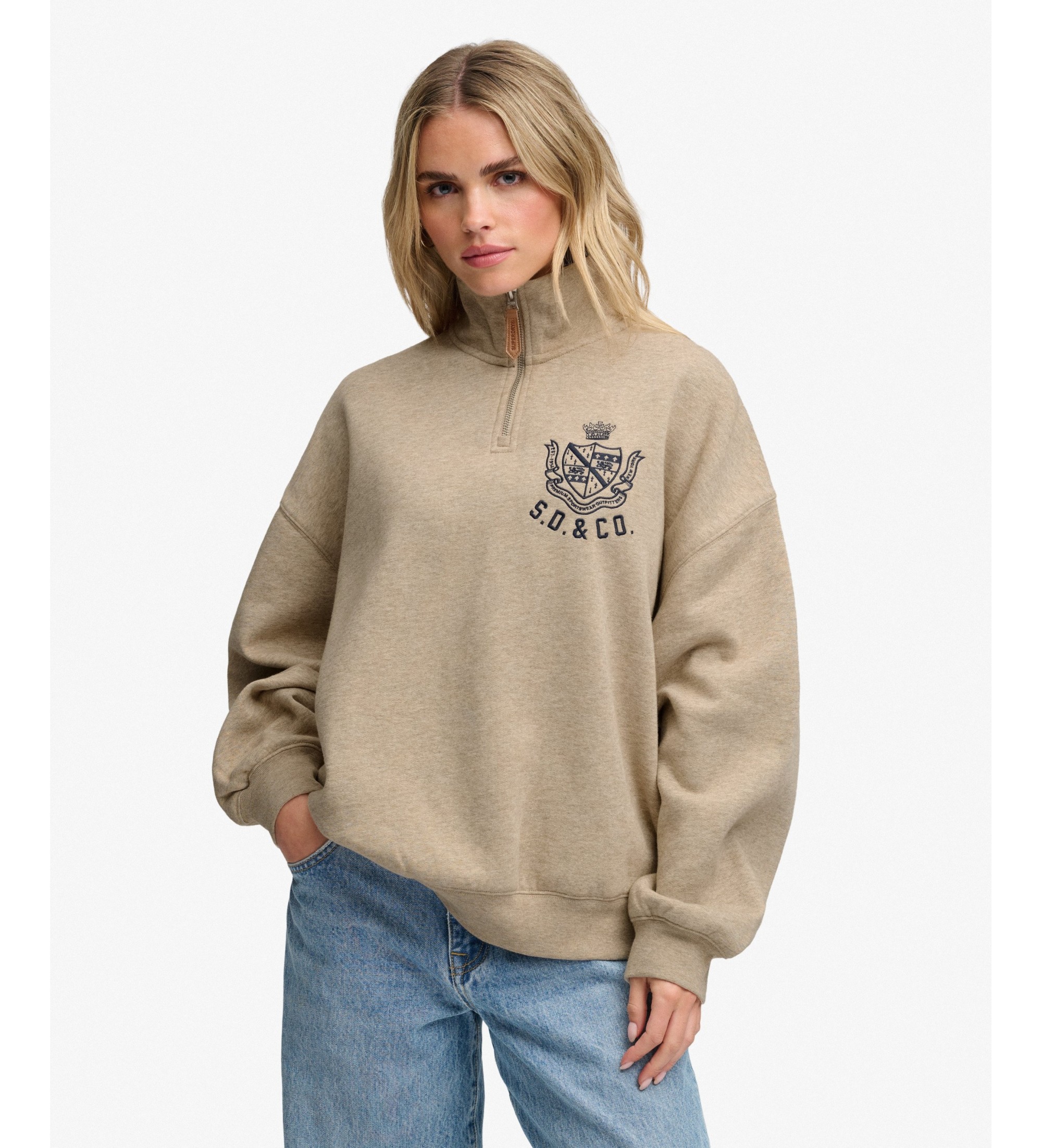 Superdry für Damen. W2012716A Beiges Sweatshirt mit halbem Reißverschluss von Country Club (XS), Lässig, Baumwolle