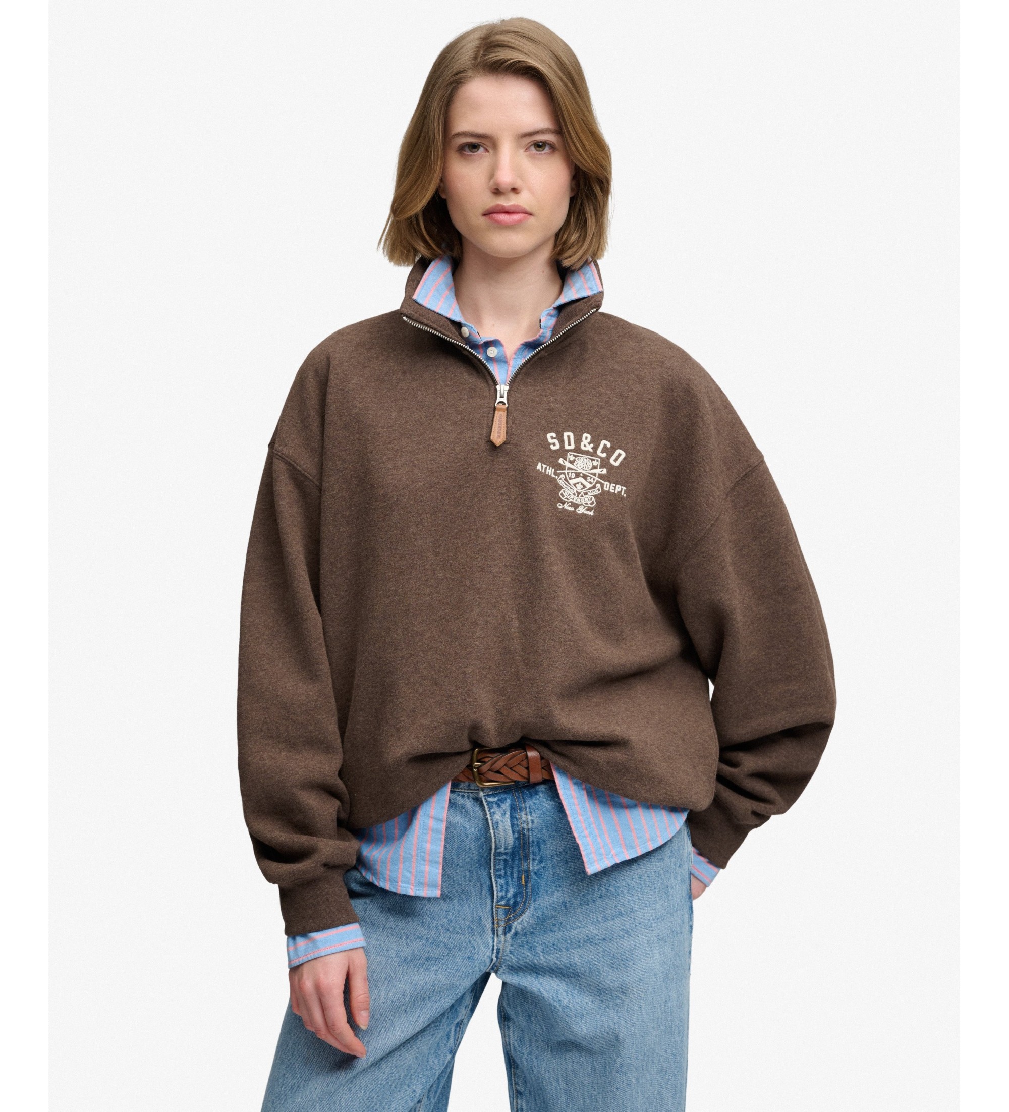 Superdry für Damen. W2012716A Braunes Country Club-Sweatshirt mit halbem Reißverschluss (XS), Lässig, Baumwolle