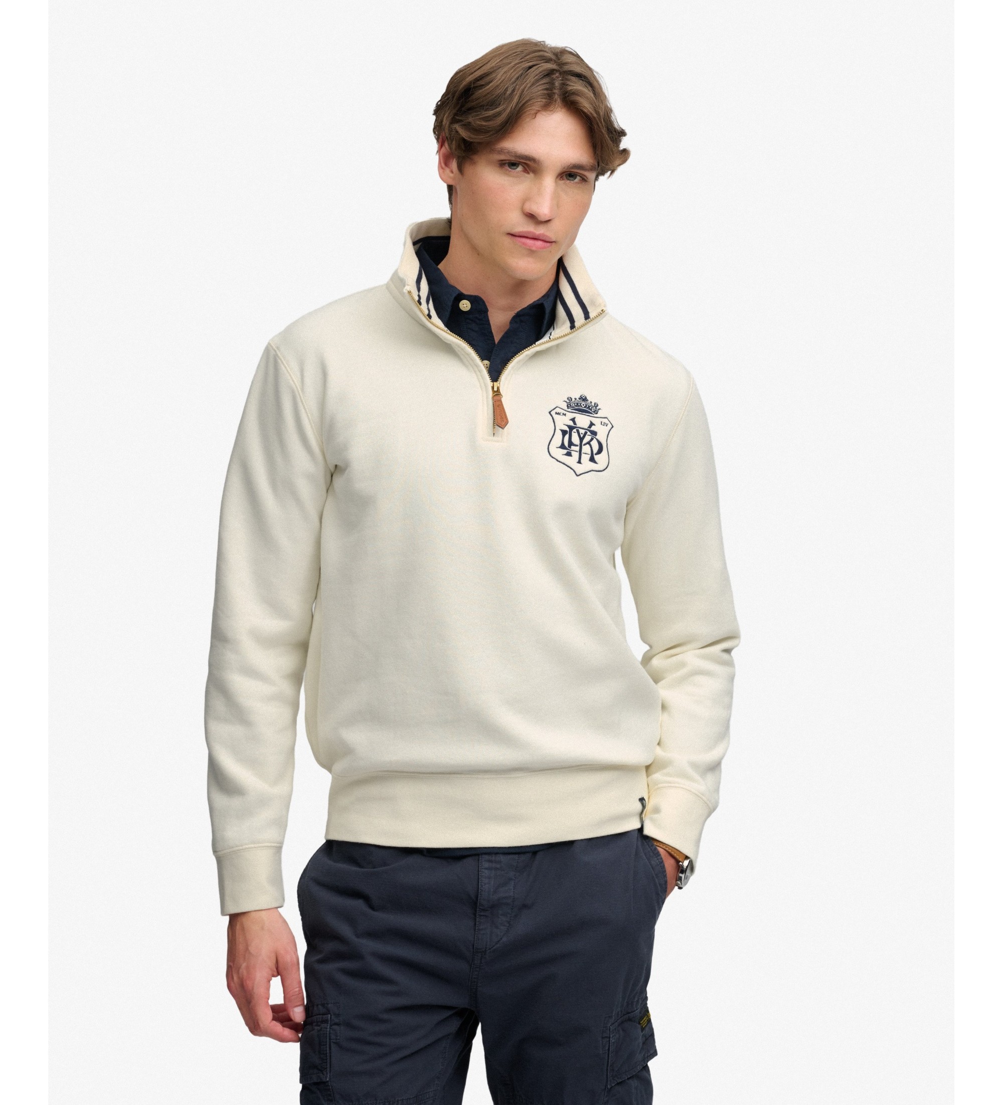 Superdry für Herren. M2014556A Beige Gothic Varsity Sweatshirt mit halbem Reißverschluss (S), Lässig, Baumwolle