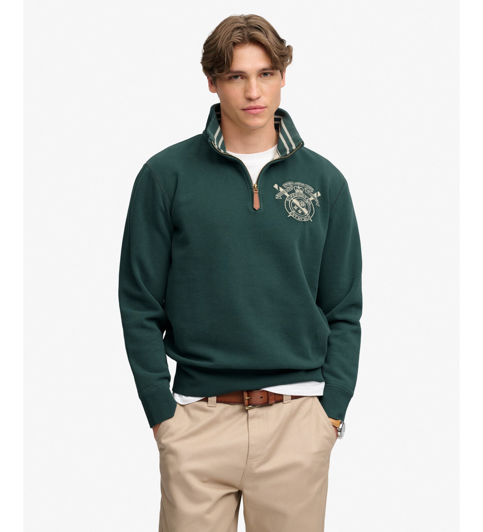 Superdry für Herren. M2014556A Grüner Gothic Varsity Pullover mit halbem Reißverschluss (XL), Lässig, Baumwolle, Langarm