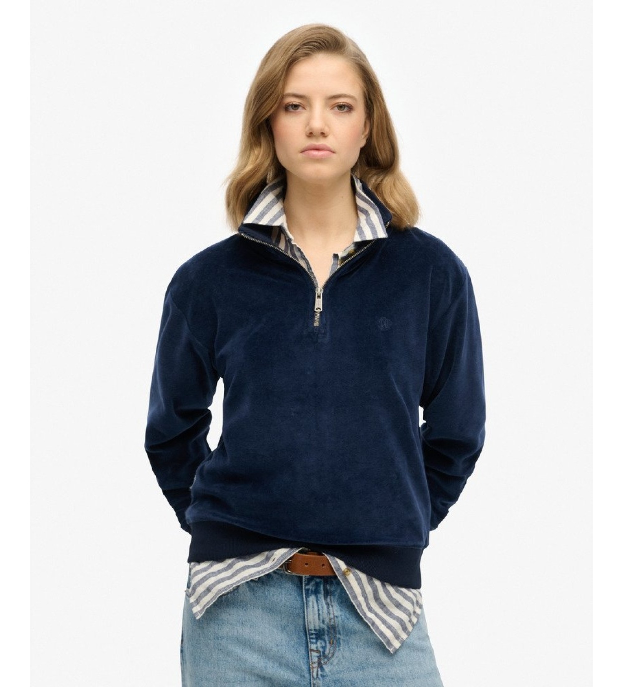 Superdry für Damen. W2012370A Sweatshirt mit halbem Reißverschluss ?Velour Half? in Marineblau (XS), Lässig, Baumwolle